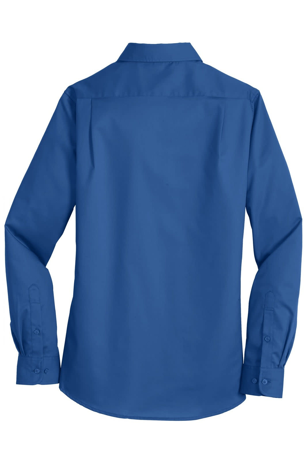 A back view of a blue button-up shirt with long sleeves and a collar. It features a logo on the fabric.