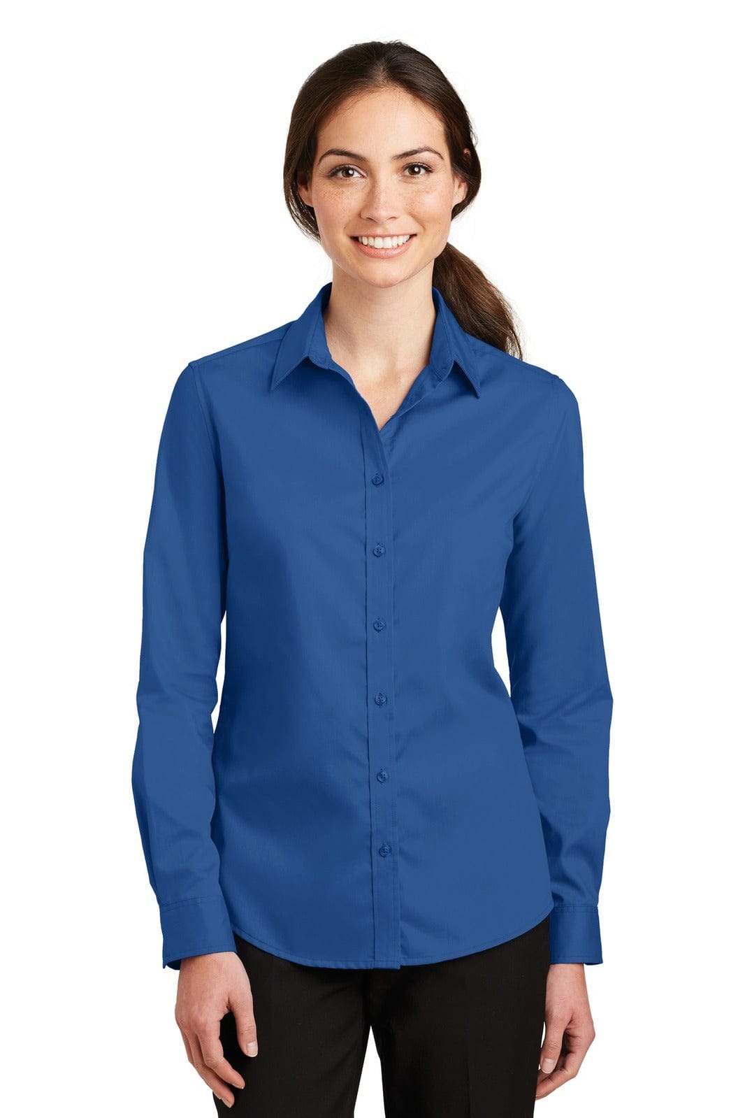 A blue button-up shirt with long sleeves and a collar, featuring a logo on the chest.