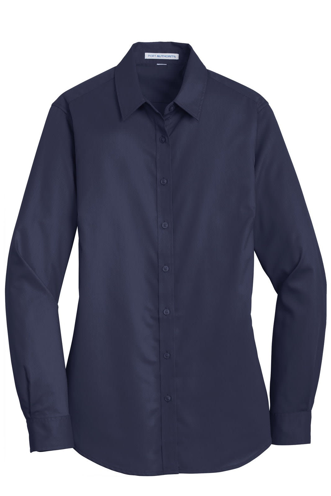 A navy blue button-up shirt with long sleeves and a collar, featuring a logo on the chest area.
