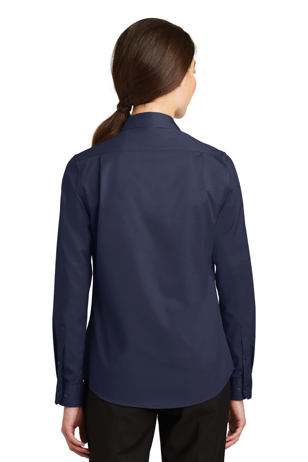 A navy blue ladies button-up shirt with long sleeves and a classic collar, featuring a branding logo.