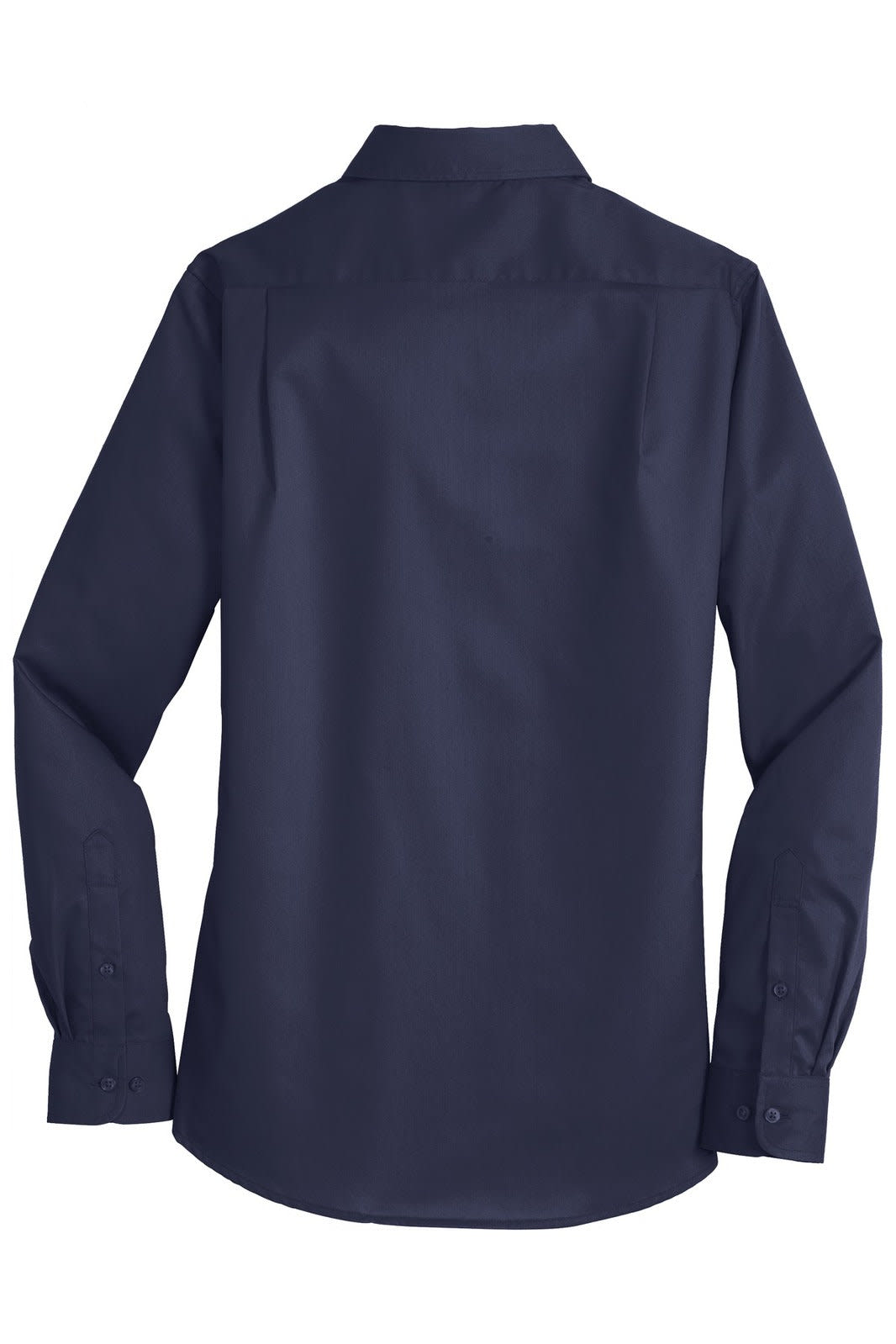 A navy blue button-up shirt with long sleeves and a collar, featuring a logo on the back.