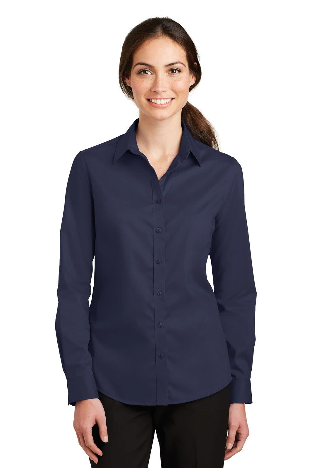 A navy blue button-up shirt designed for women, featuring a collar and long sleeves. It has a logo on it.