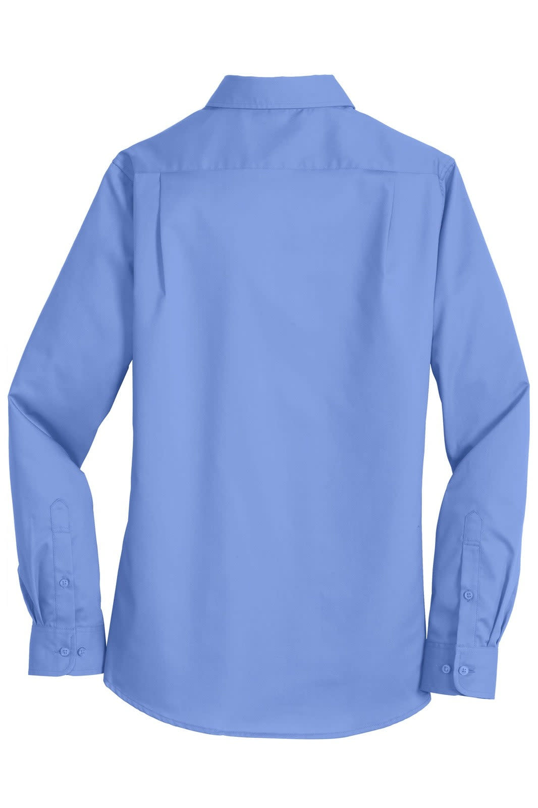 A blue button-up shirt with a back view, featuring long sleeves and a collar. It has a logo on the fabric.