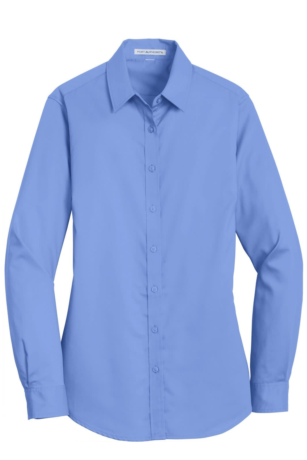 A blue ladies' button-up shirt with a collar and long sleeves, featuring a logo on the chest.