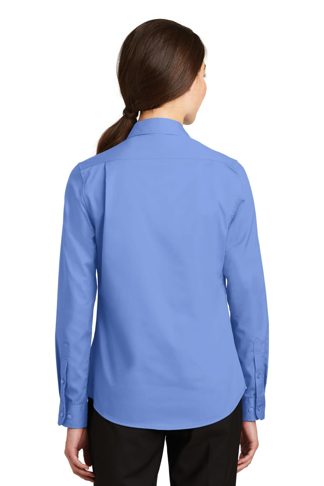 A blue button-up shirt with a collar and long sleeves, featuring a logo on the back.