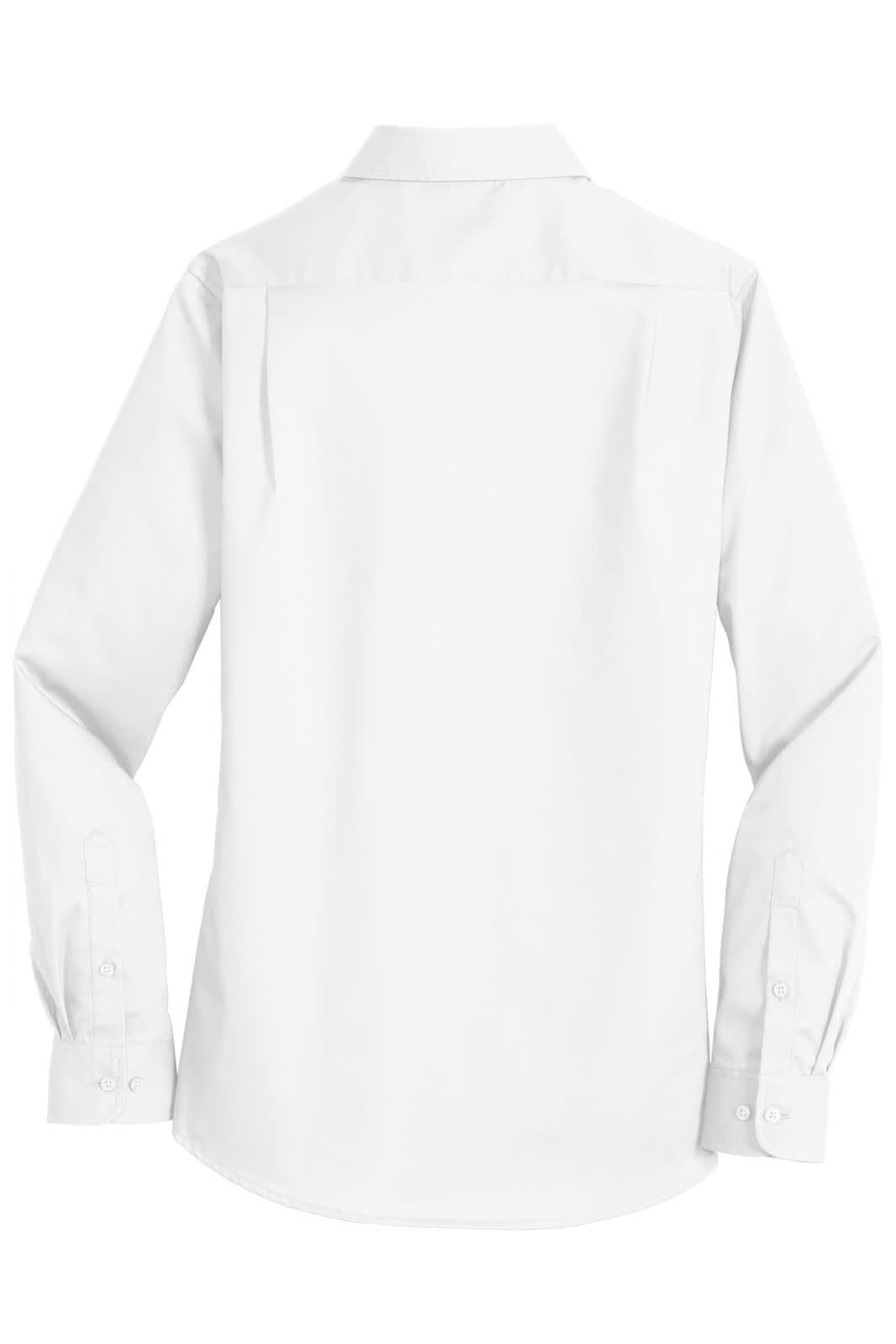 A white button-up shirt with long sleeves and a classic collar, featuring a logo.