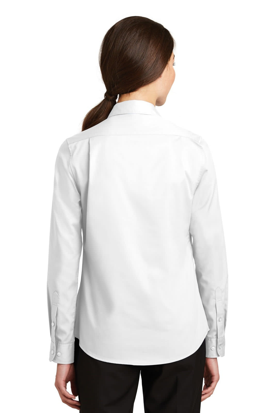A white button-up shirt with long sleeves and a back view, featuring a logo on the collar.