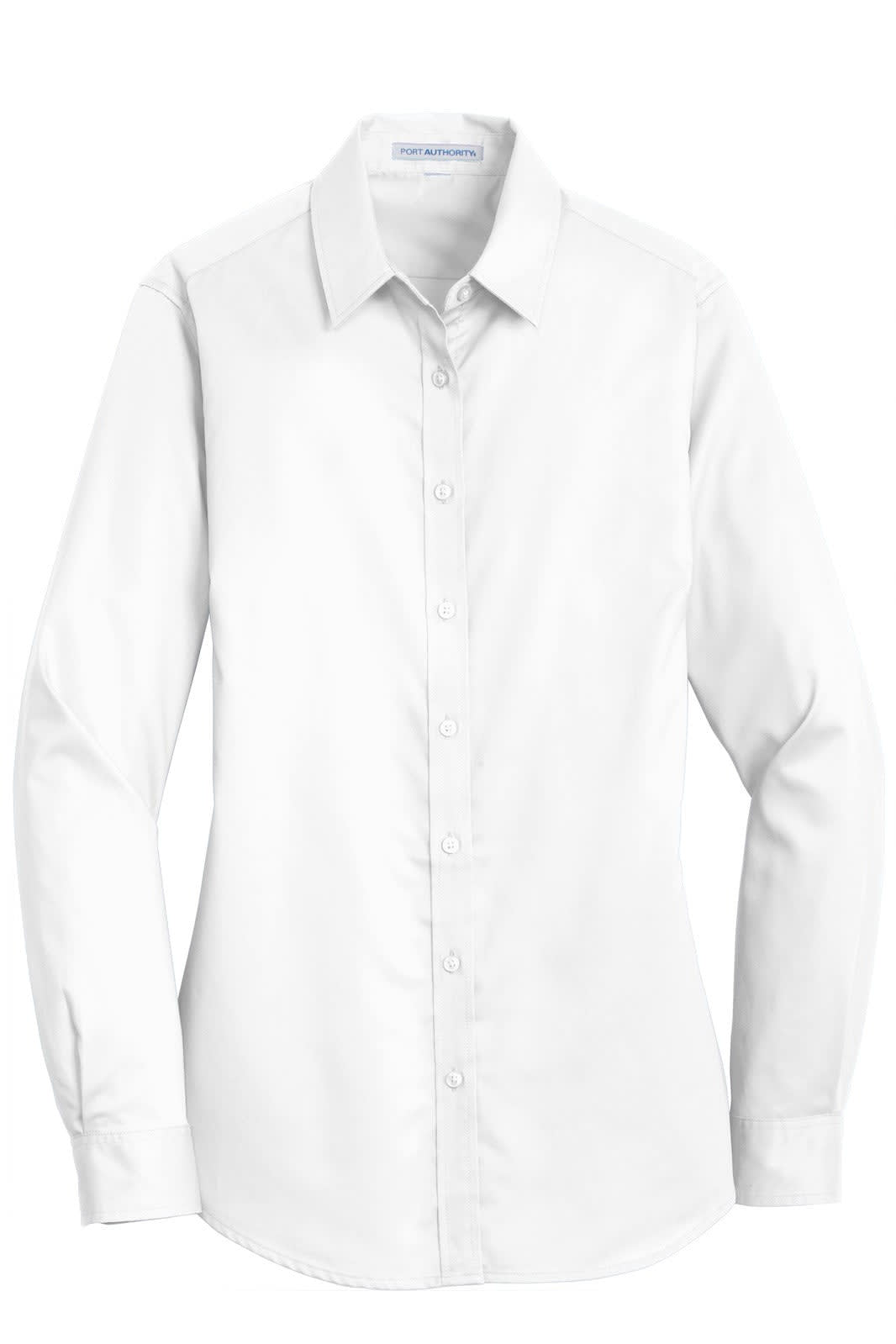 A white ladies' button-up shirt with long sleeves and a collar, featuring a logo.