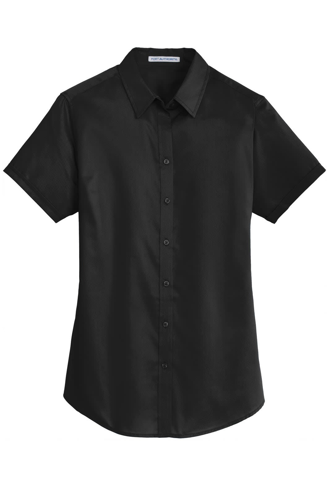 A black short sleeve button-up shirt with a collar and a logo. The fabric appears smooth and professional.