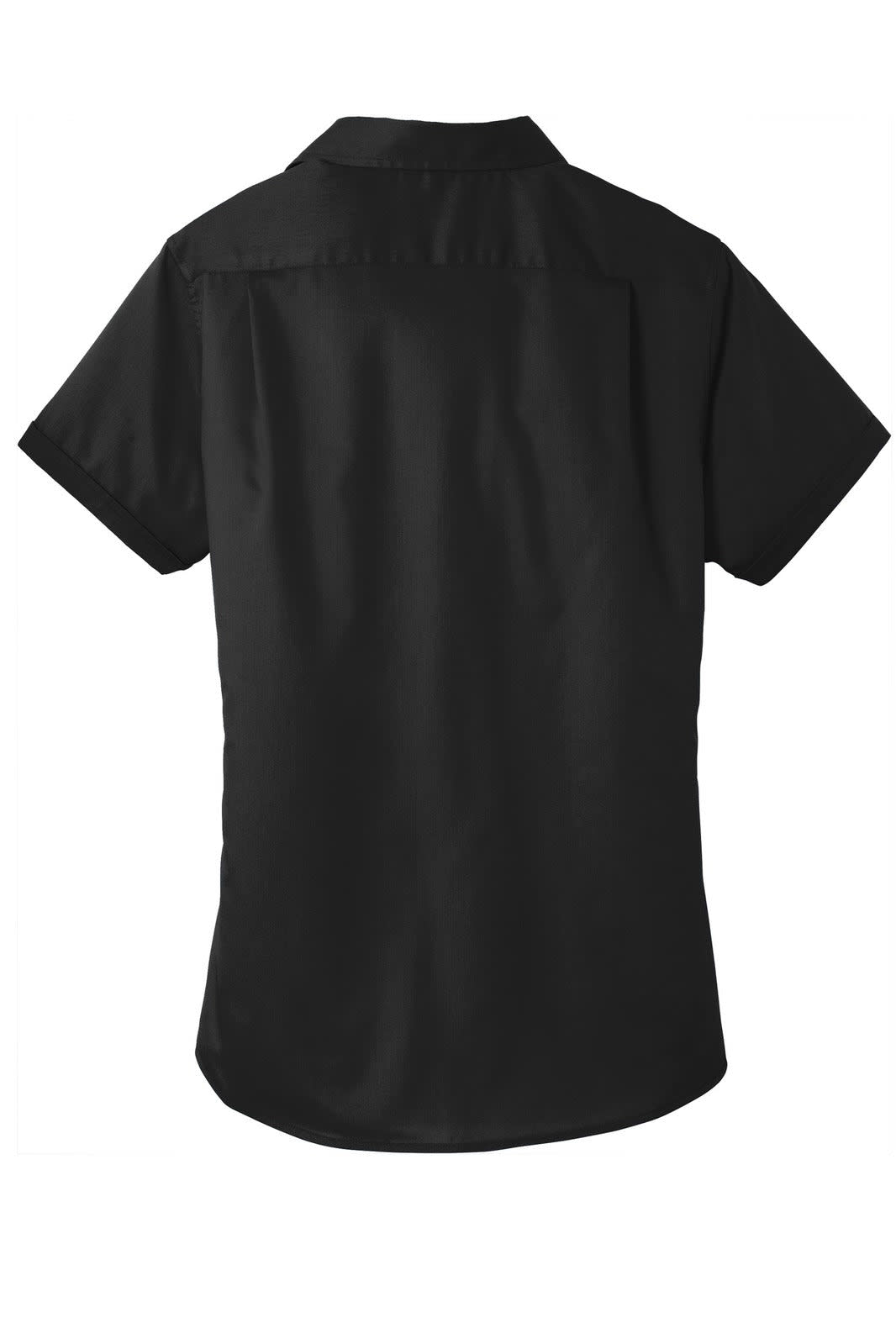 A black short sleeve button-up shirt with a back yoke and a logo on the collar.