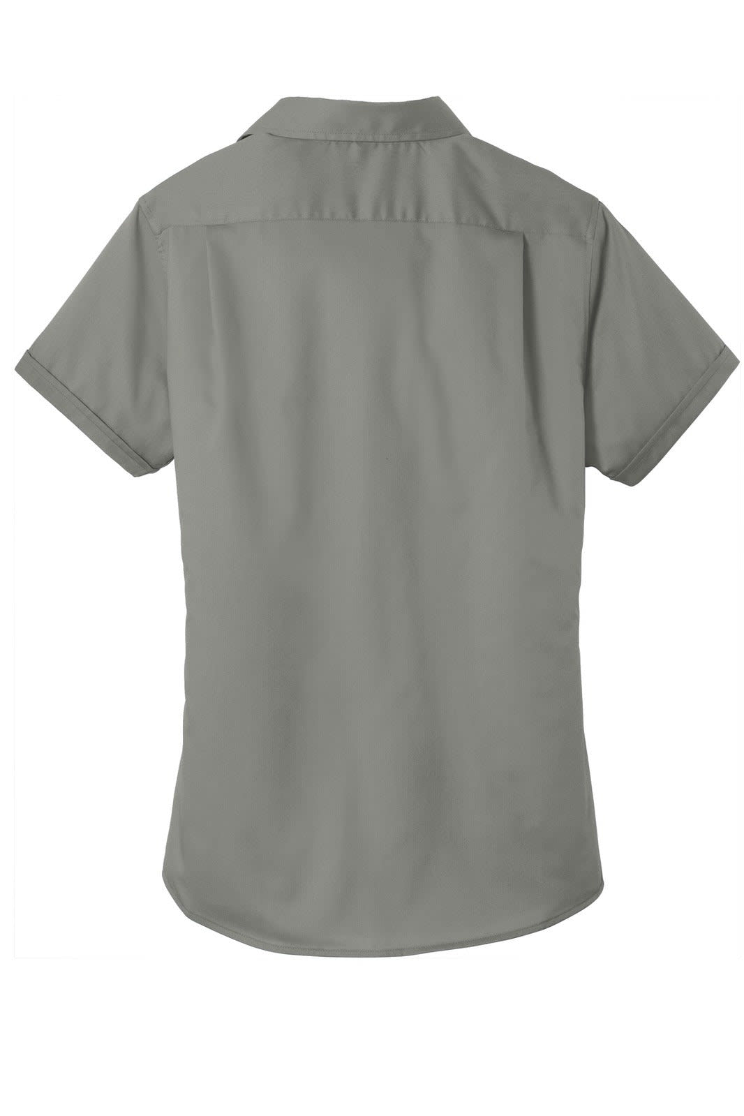 A short sleeve button-up shirt in grey with a smooth finish and a logo on the back.