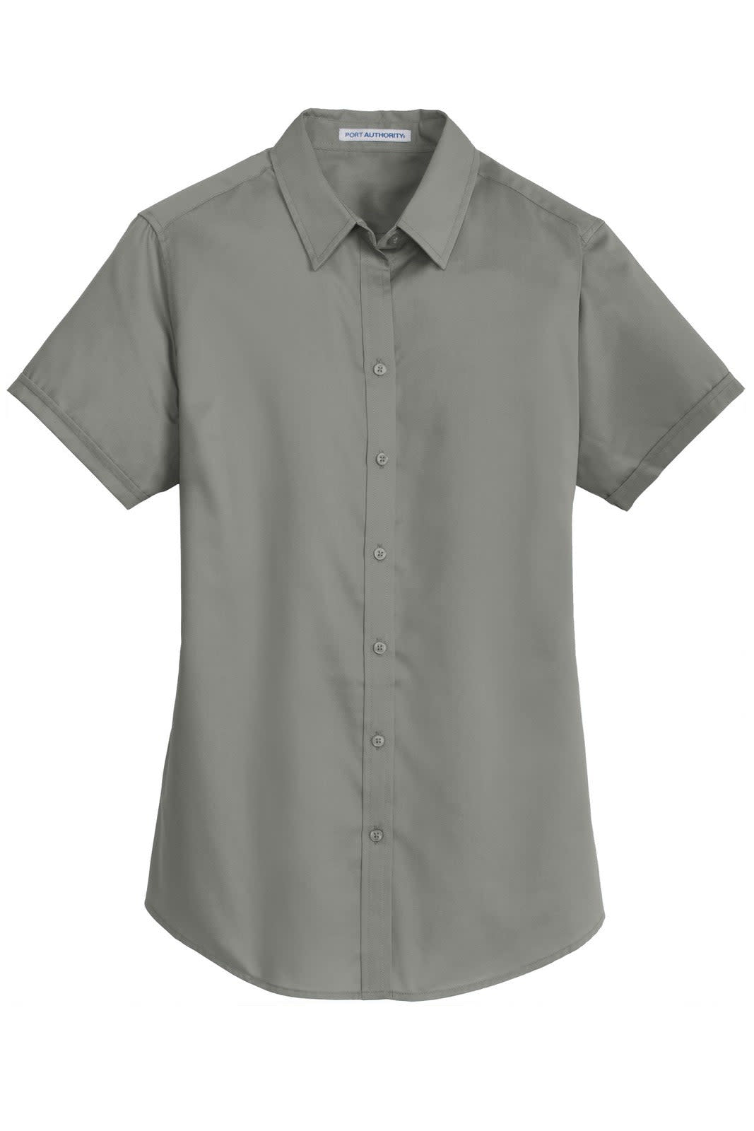 A short sleeve button-up shirt in a soft grey colour with a collar and a logo on the chest.