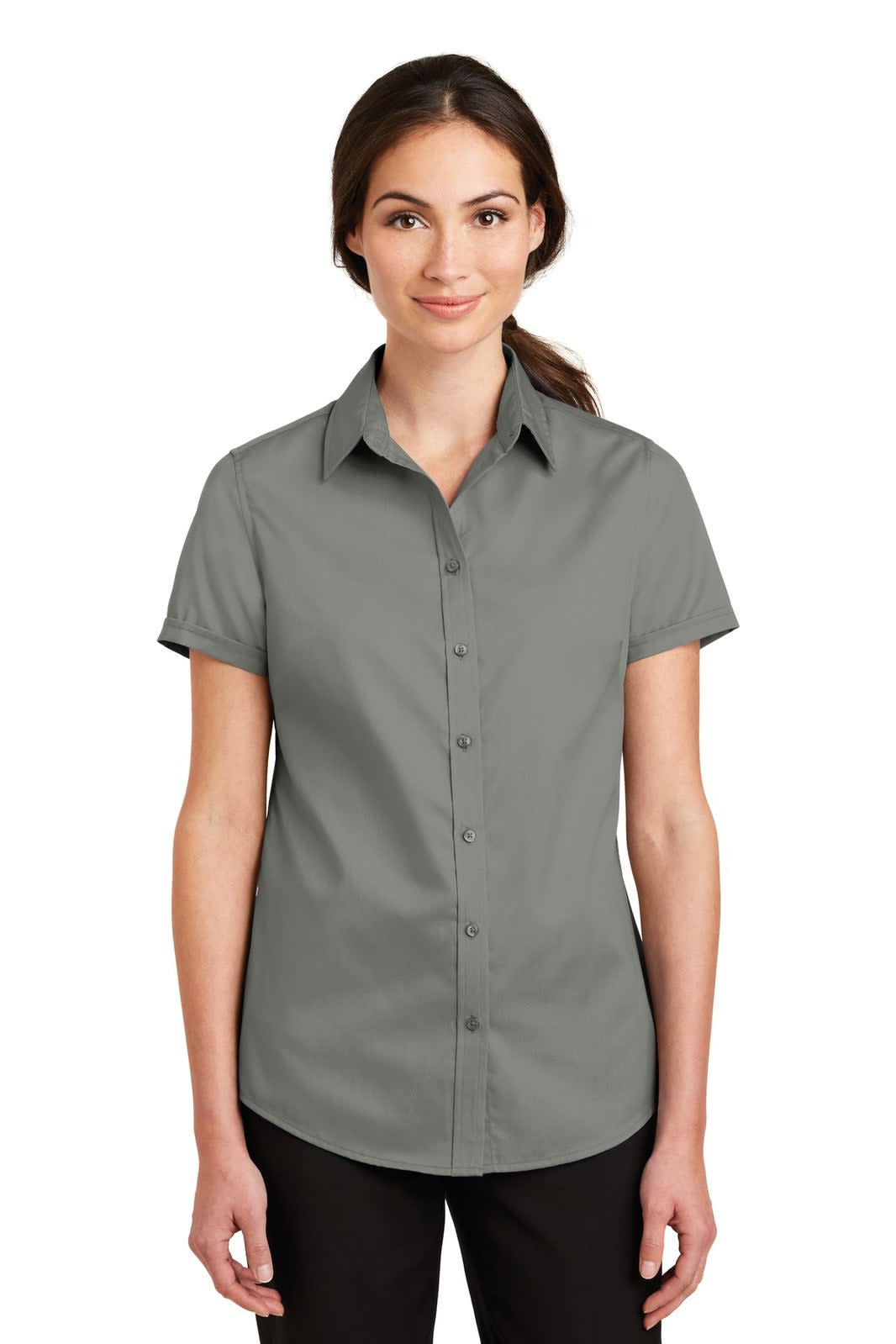 A short-sleeve button-up shirt in a grey colour, featuring a collar and buttons, worn by a model.