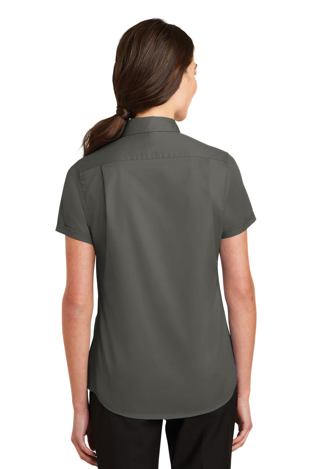 A grey short sleeve women's button-up shirt with a collar and a logo on the back.