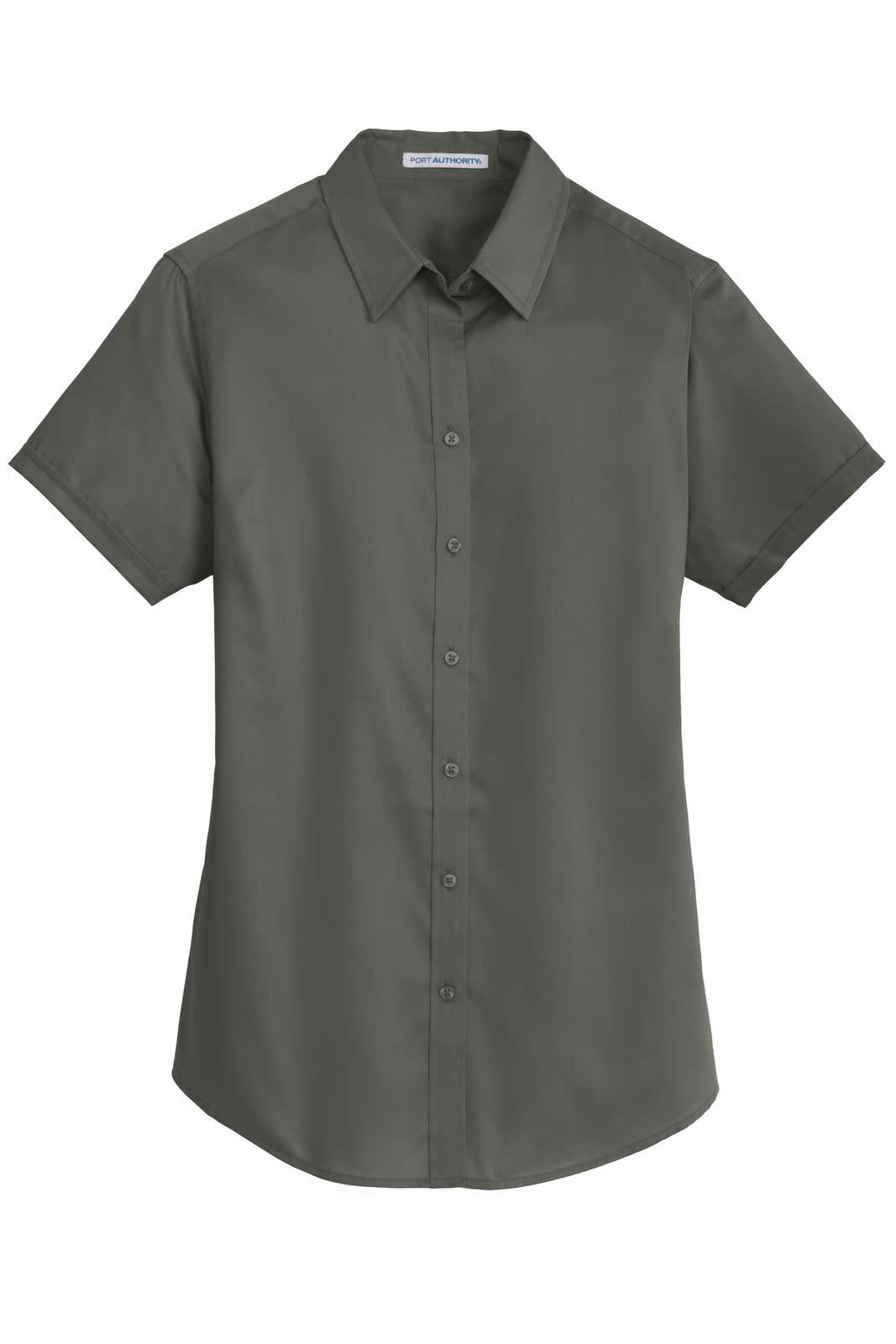 A short-sleeve, button-up shirt in a dark grey colour, featuring a collar and a logo.