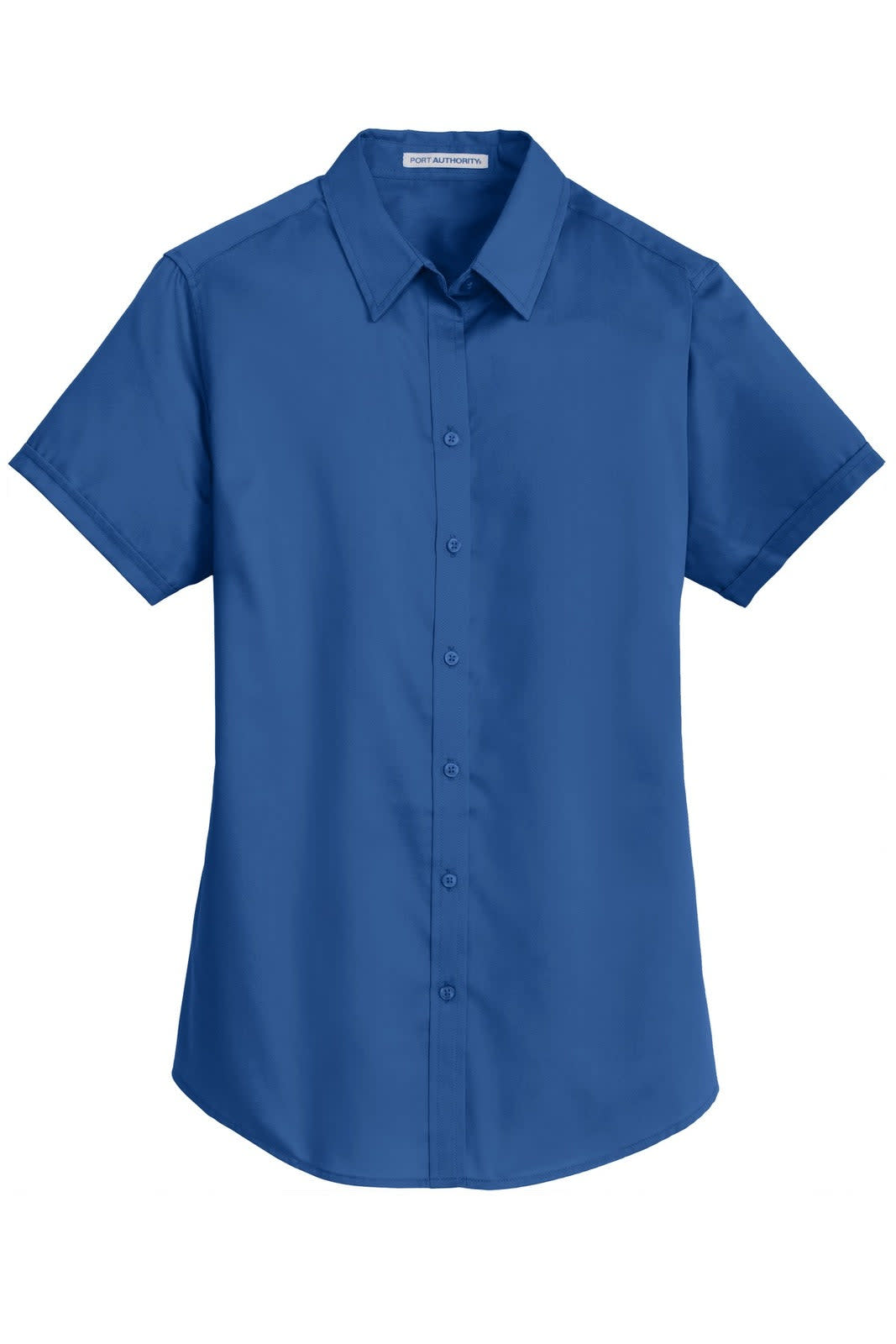 A blue short sleeve button-up shirt with a collar, featuring a logo on it. Ideal for casual or professional wear.