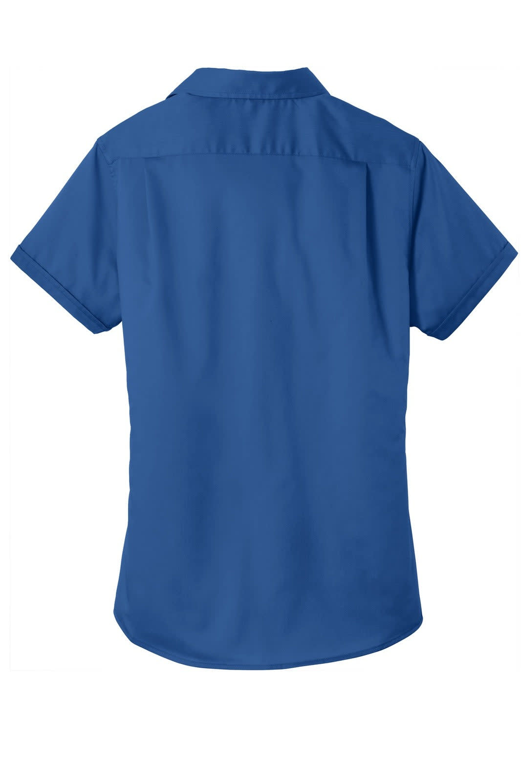 A blue short sleeve button-up shirt with a collar and back yoke detail, featuring a logo.