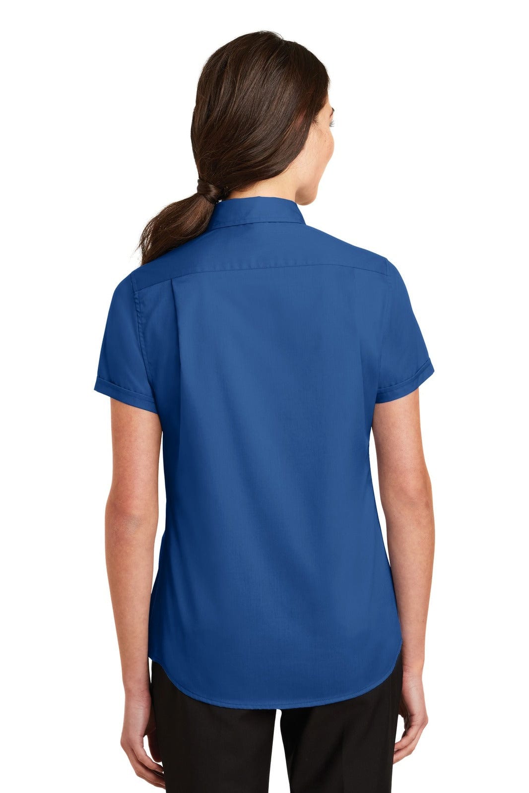 A ladies' short sleeve button-up shirt in a vibrant blue colour, showcasing a sleek back view.