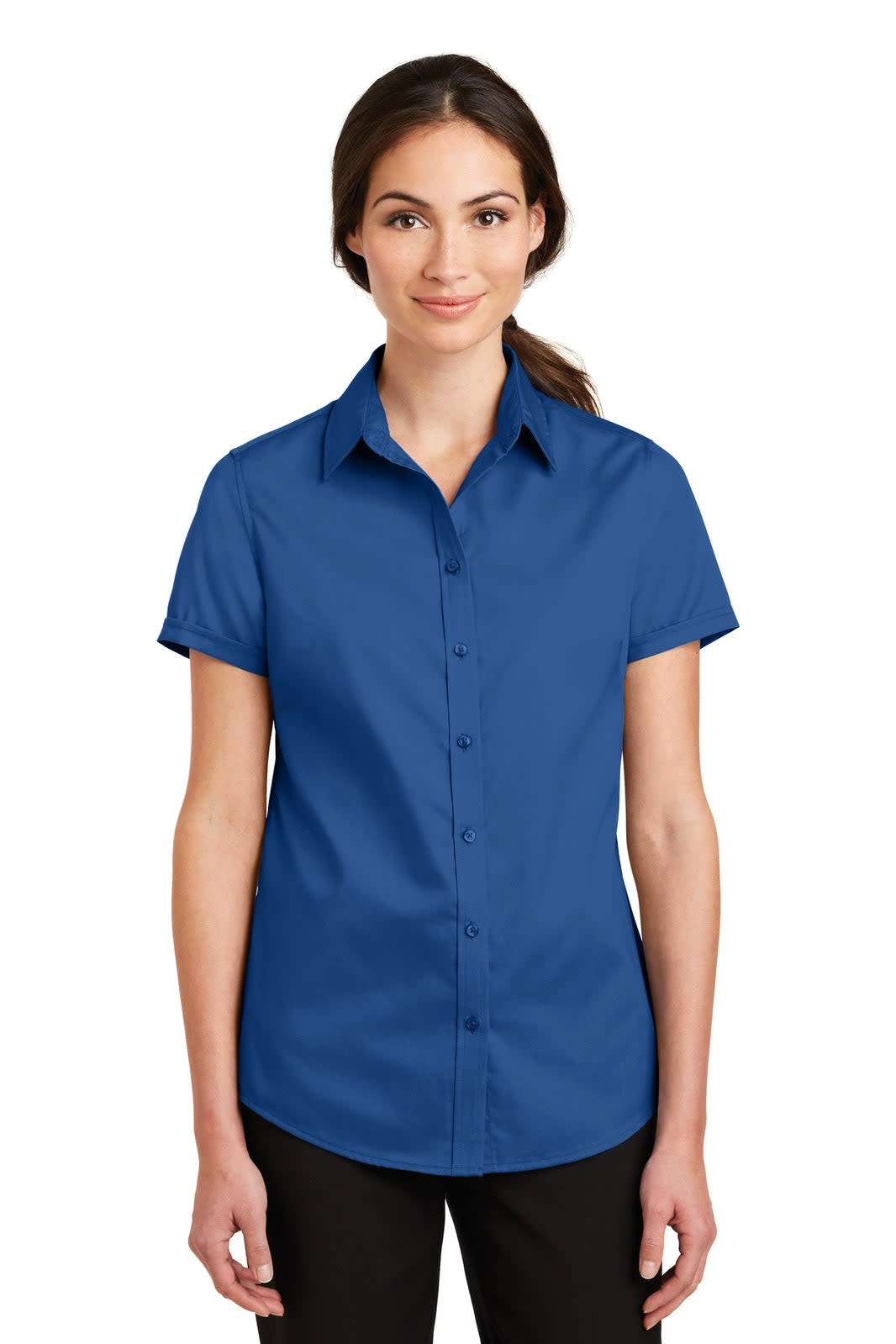 A blue button-up shirt with short sleeves, featuring a collar and a front button closure. It has a logo on it.