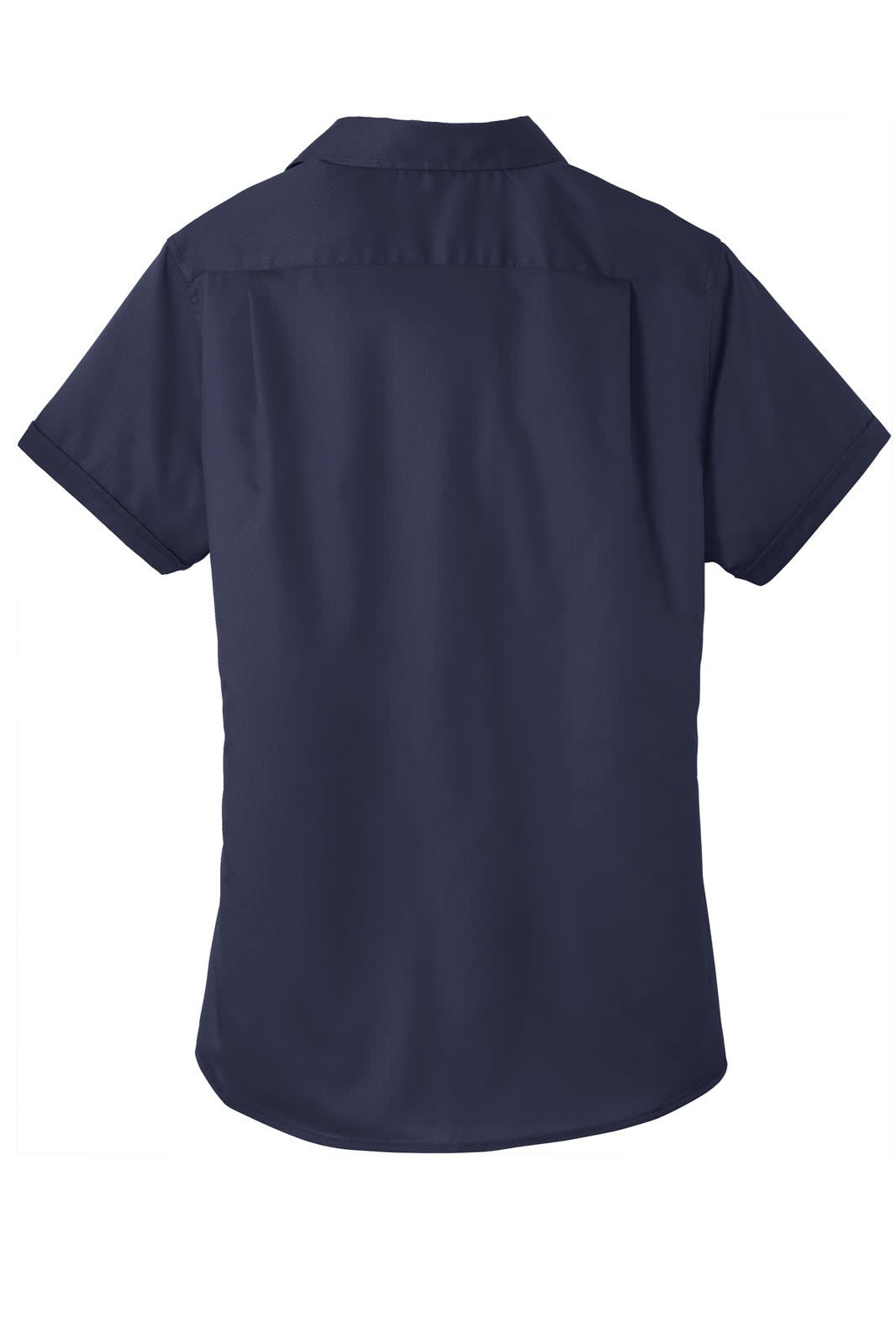 A navy blue short sleeve button-up shirt with a back yoke and a logo detail.