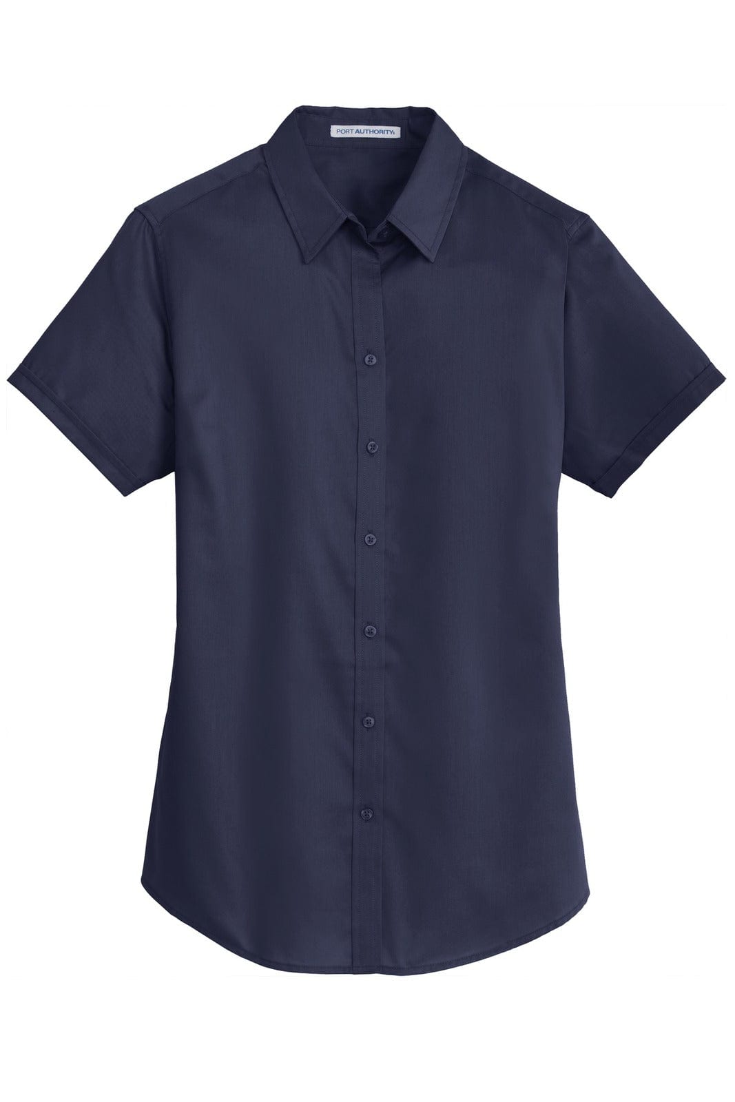 A women's short sleeve button-up shirt in navy blue with a collar and a logo.