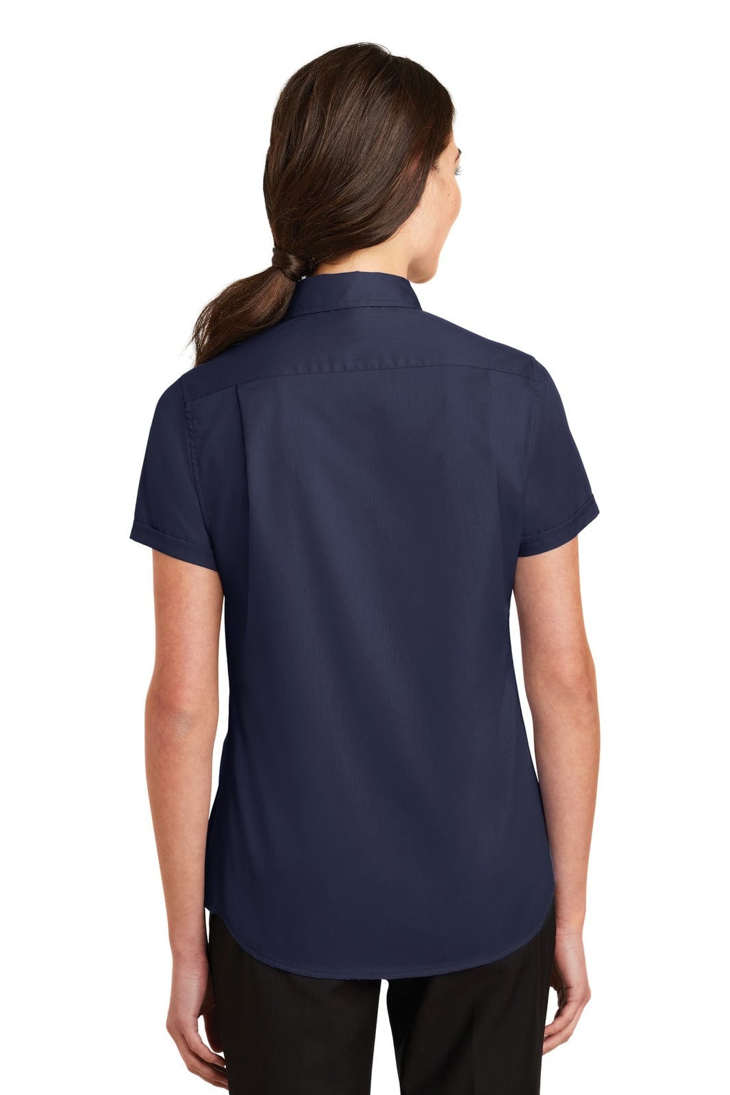 A navy blue women's short sleeve button-up shirt featuring a collar and a logo on the back.