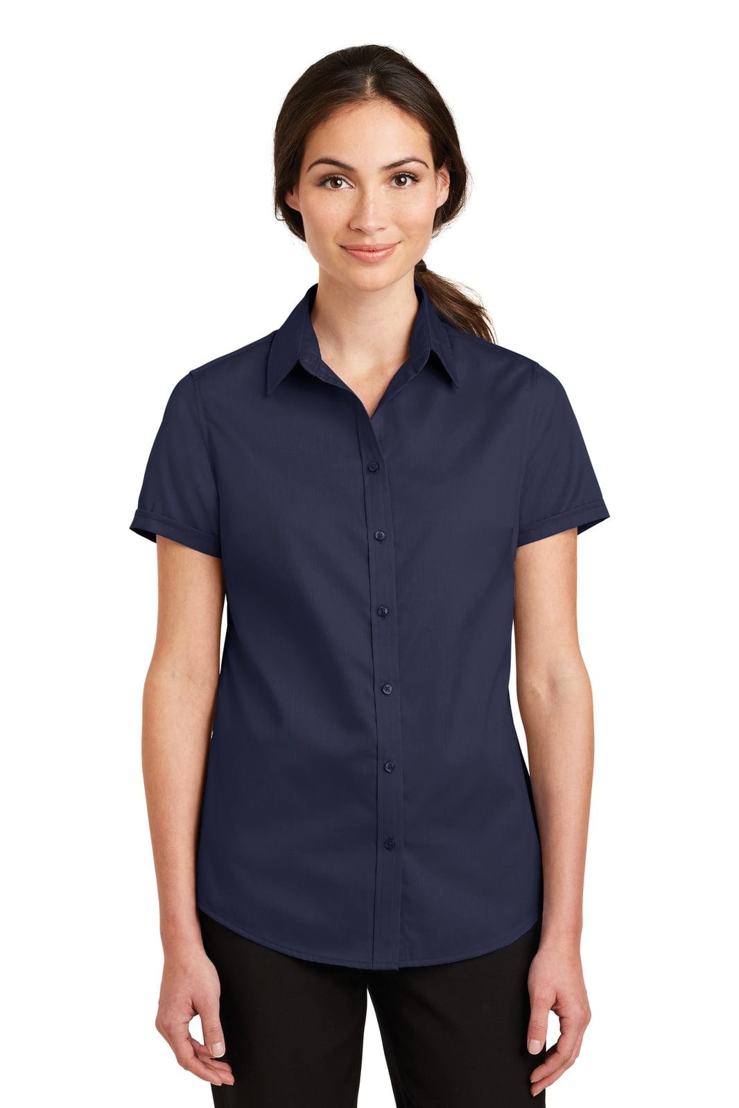A navy blue short sleeve button-up shirt with a collar and a logo. Designed for women's wear.
