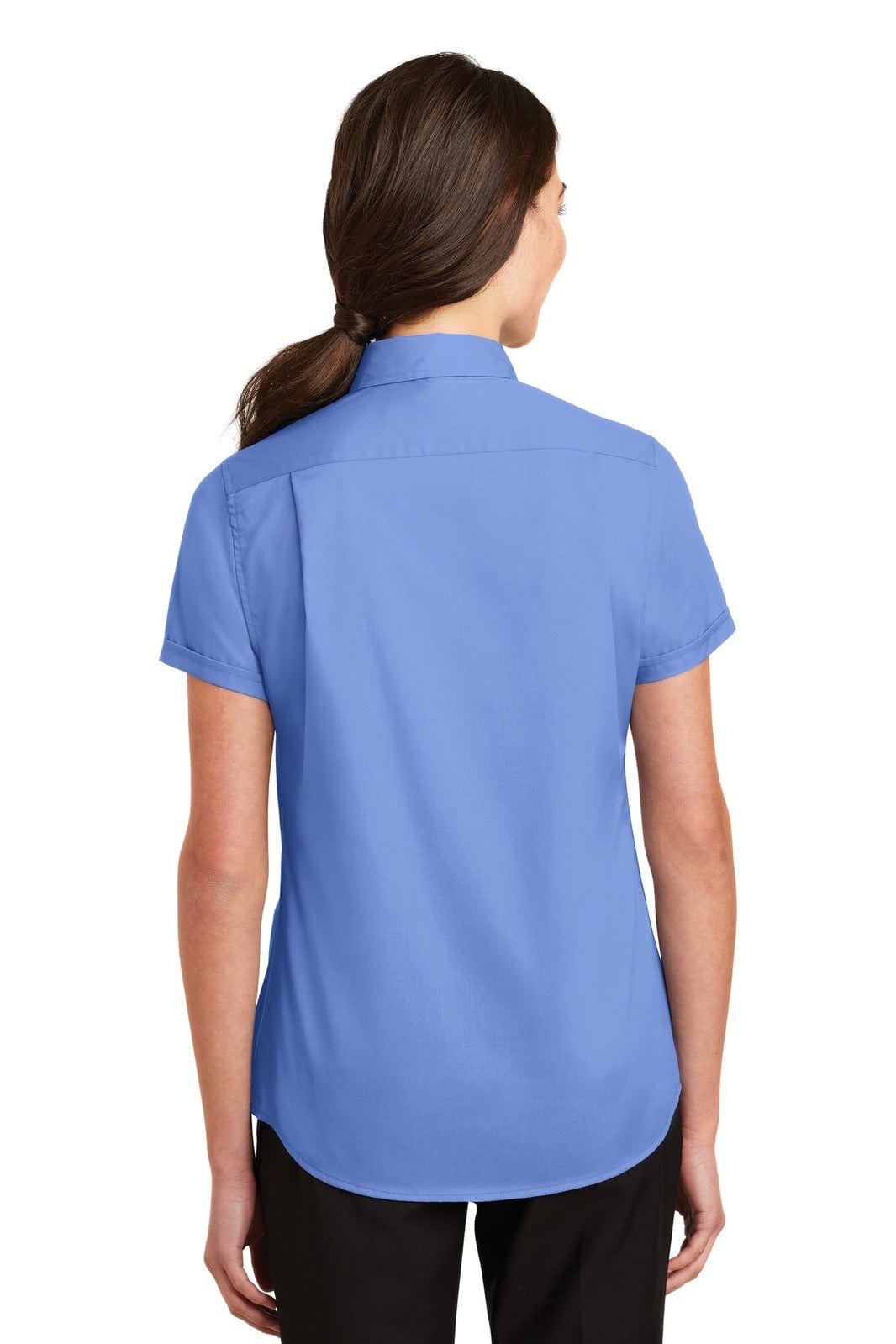 A light blue short sleeve button-up shirt with a back collar and a logo on the back.