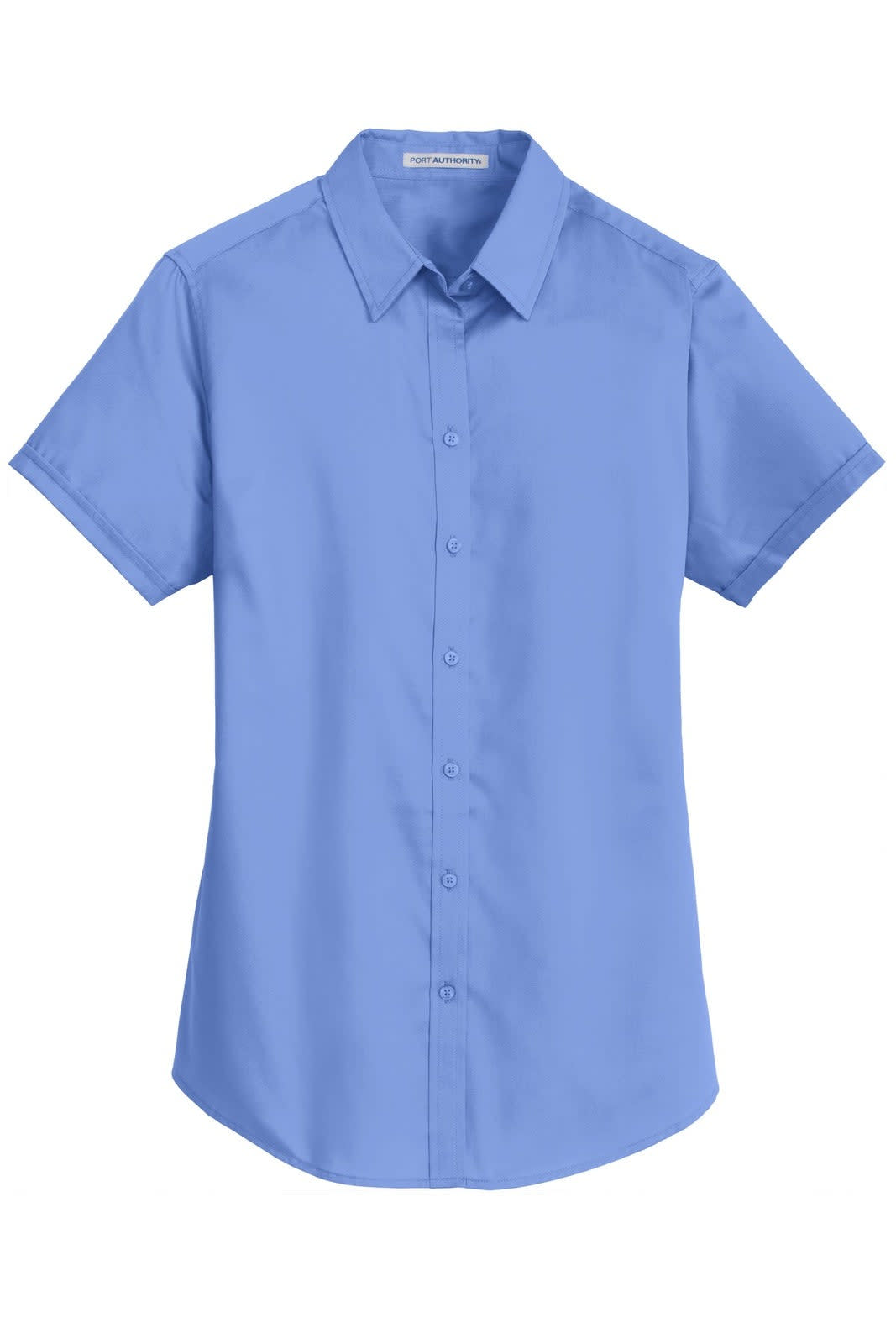A light blue short sleeve button-up shirt with a collar and a front button placket, featuring a logo.