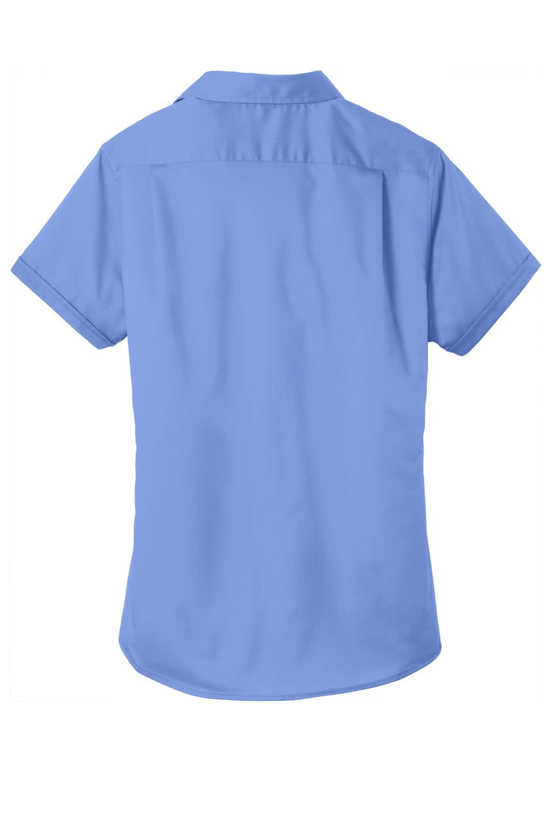 A light blue short sleeve button-up shirt with a collared neckline and a plain back. It has a logo on the front.