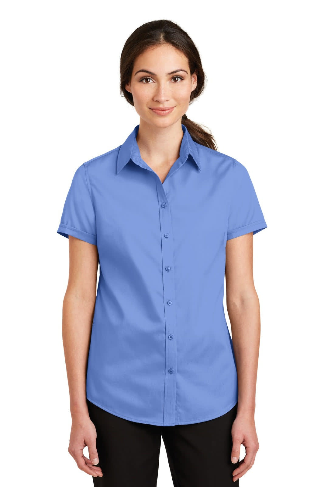 A short sleeve button-up shirt in light blue, featuring a collar and a logo on the chest area.