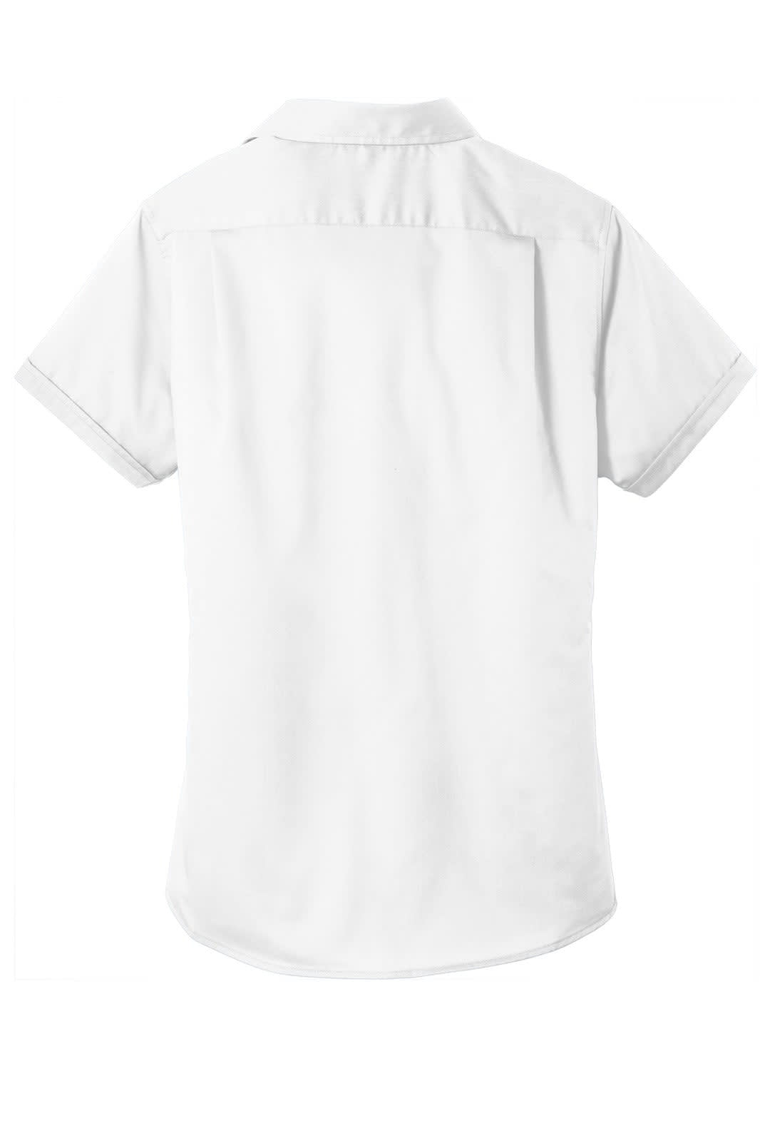 A white short sleeve button-up shirt featuring a classic collar and back yoke design, with a logo on the side.