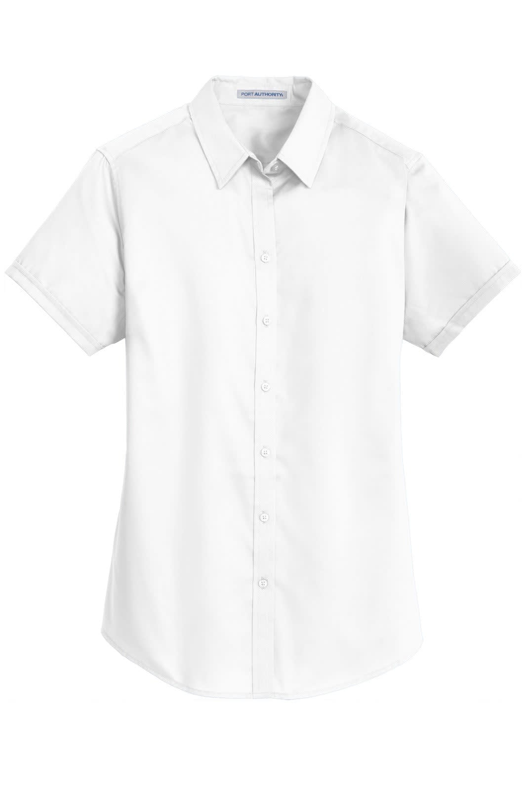 A short sleeve button-up shirt in white with a classic collar and a logo.