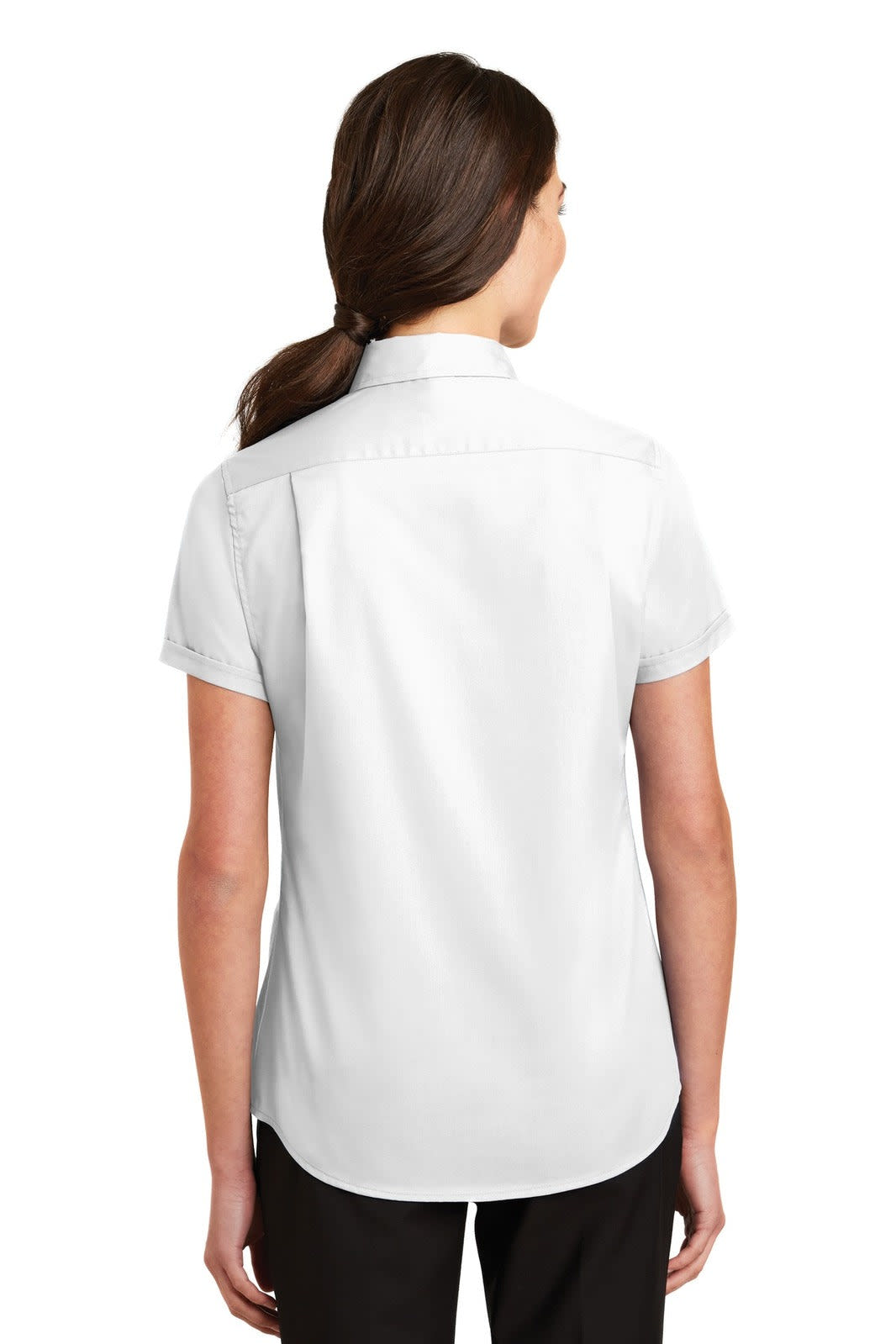 A white short sleeve button-up shirt with a back yoke, featuring a collar and a logo.