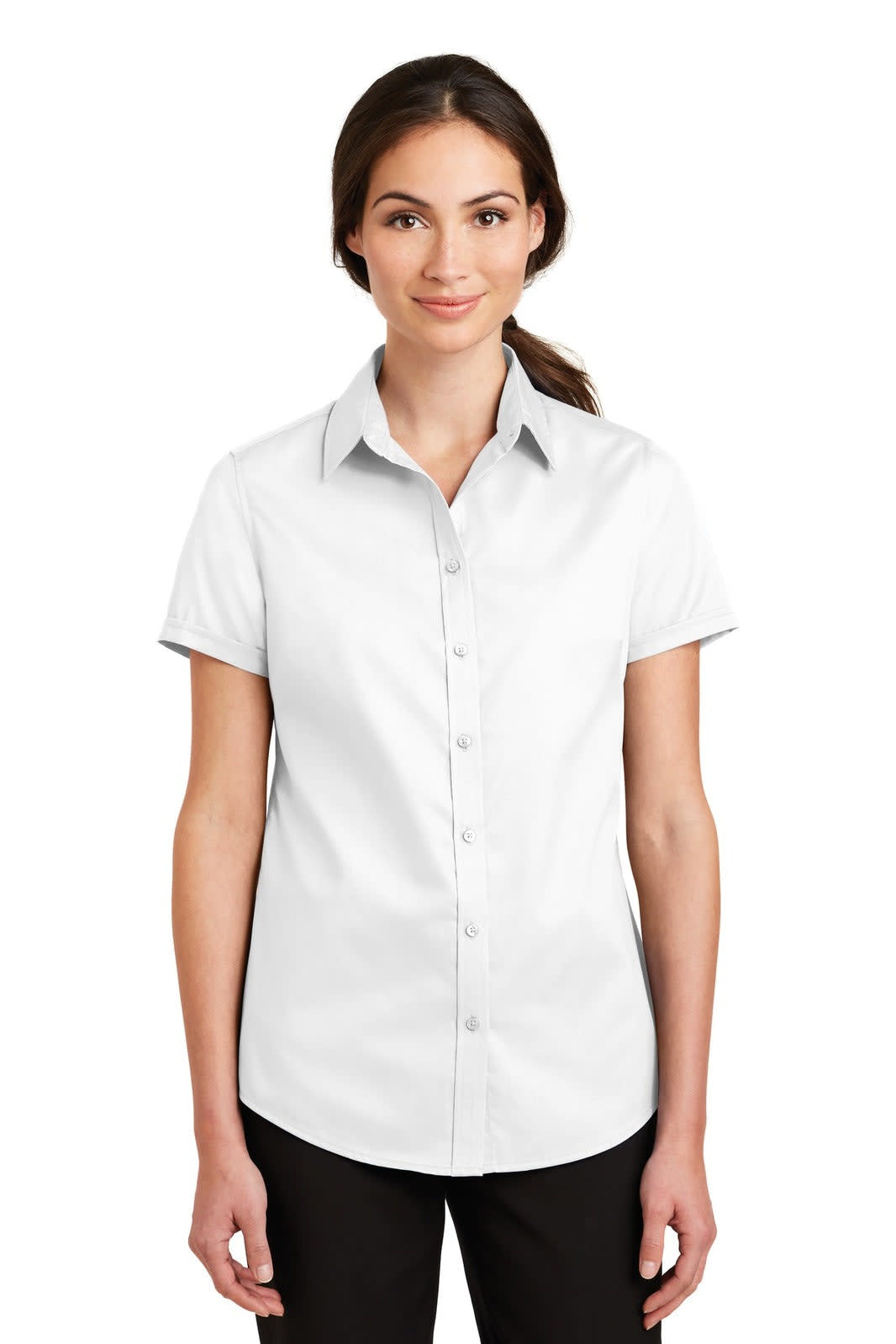 A light grey short sleeve button-up shirt with a collar and a branding logo displayed on the chest.