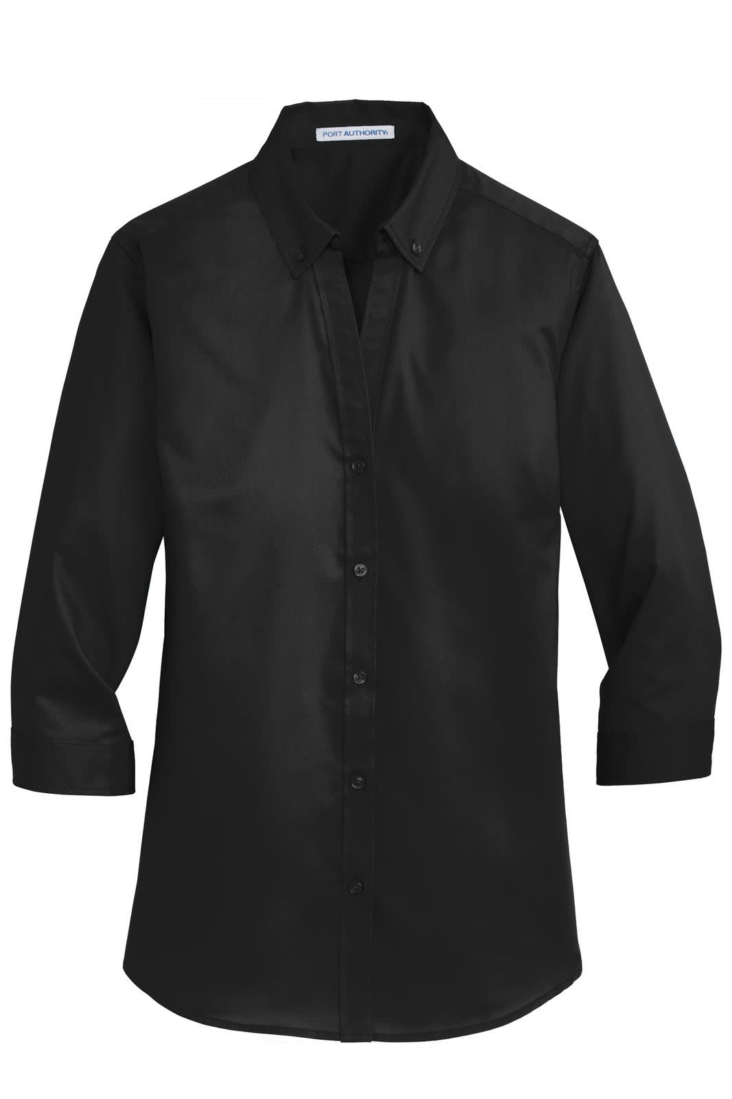 A black 3/4-sleeve button-up shirt with a collar and a logo on the chest area.
