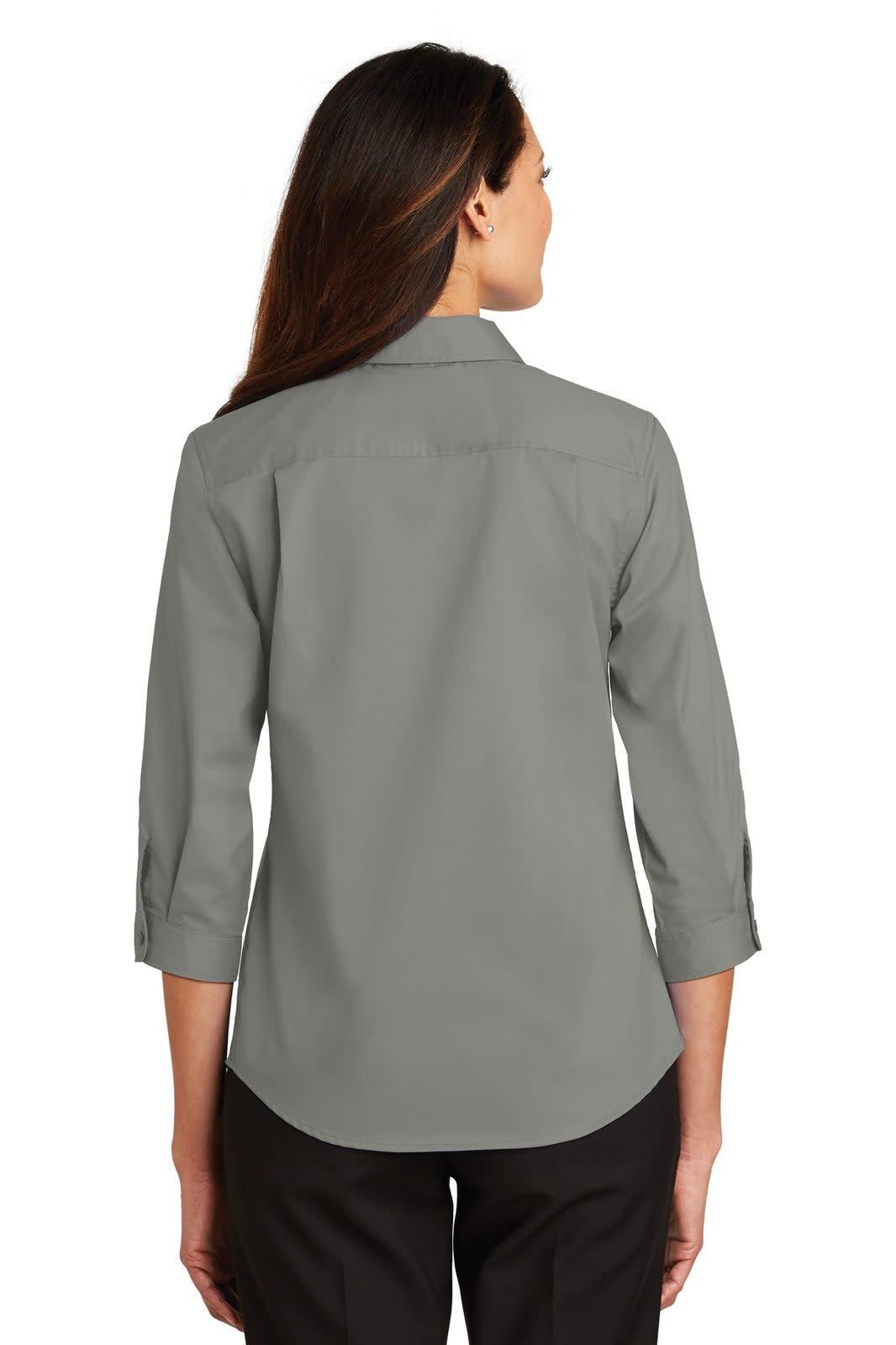 A grey women's button-up shirt with 3/4 sleeves, featuring a collar and a back yoke detail.