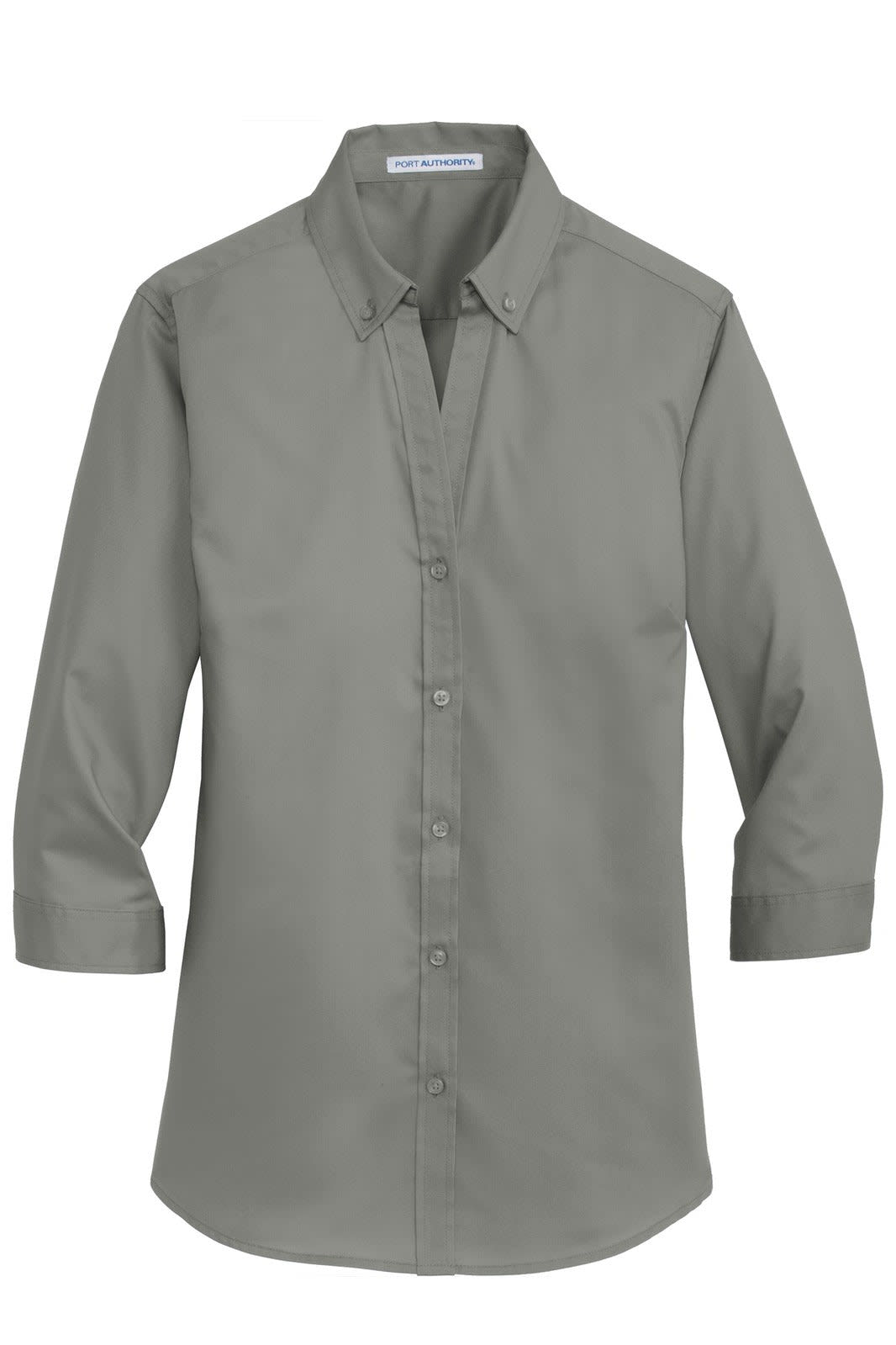 A 3/4-sleeve button-up shirt in grey, featuring a collared neckline and a logo on the chest.