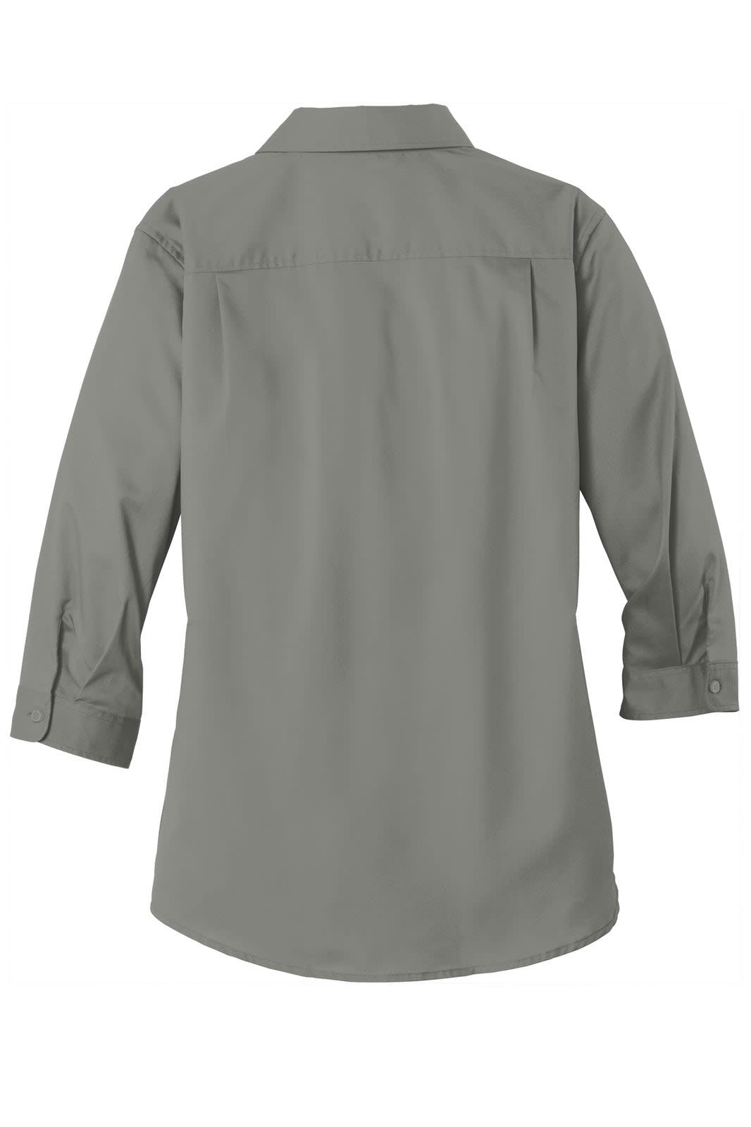 A grey ladies' 3/4-sleeve button-up shirt with a back view, featuring a collar and a logo.