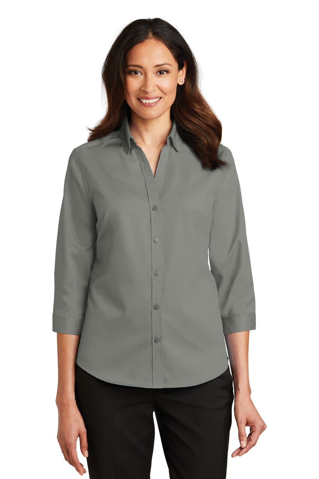 A light grey ladies' 3/4-sleeve button-up shirt with a collar, featuring a logo.