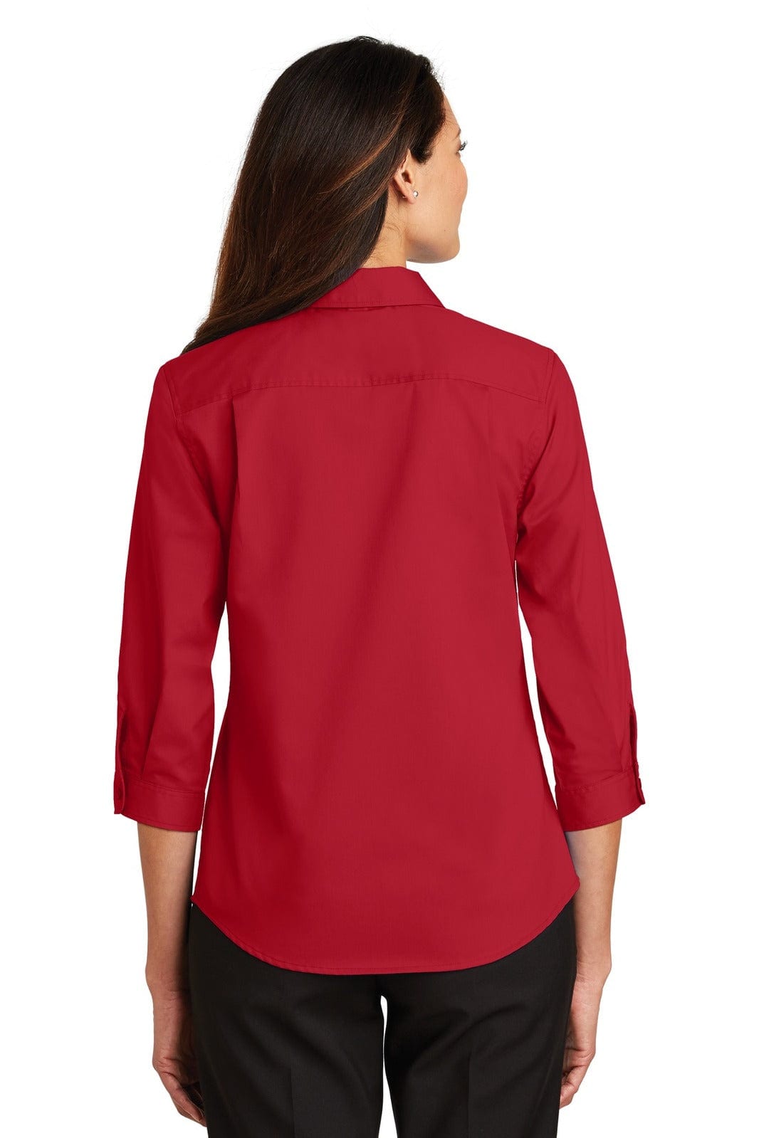 A red ladies' button-up shirt with 3/4 sleeves and a back yoke, featuring a logo.