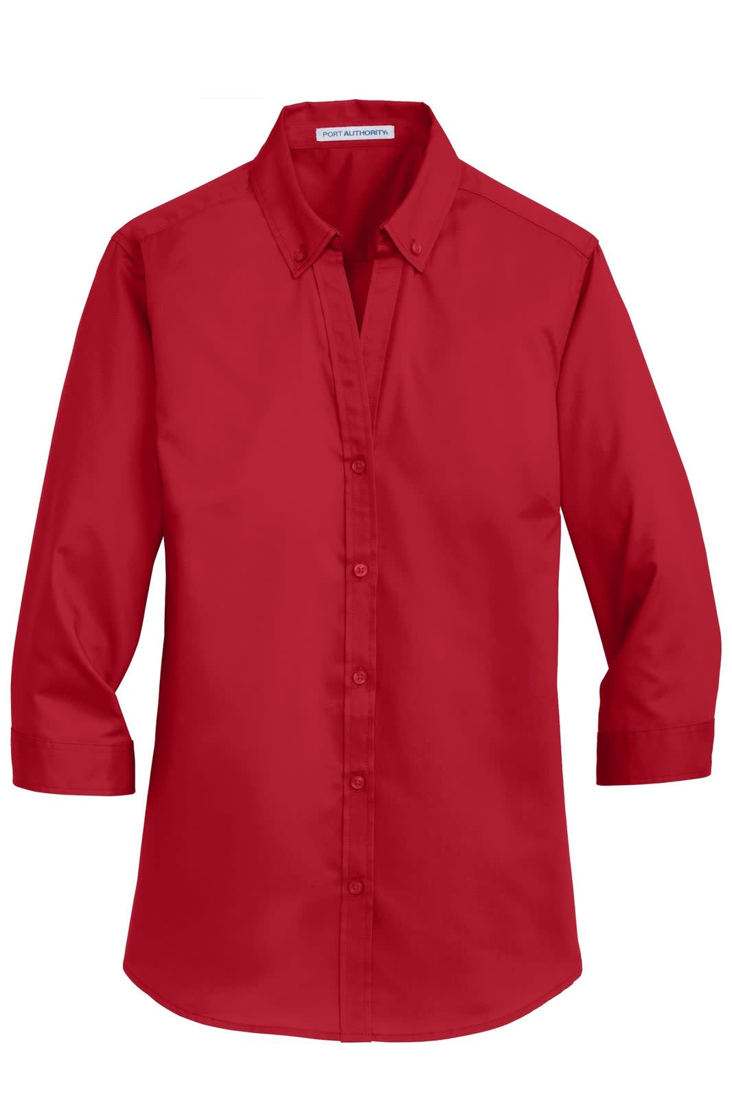 A red 3/4-sleeve button-up shirt with a collar and an embroidered logo.
