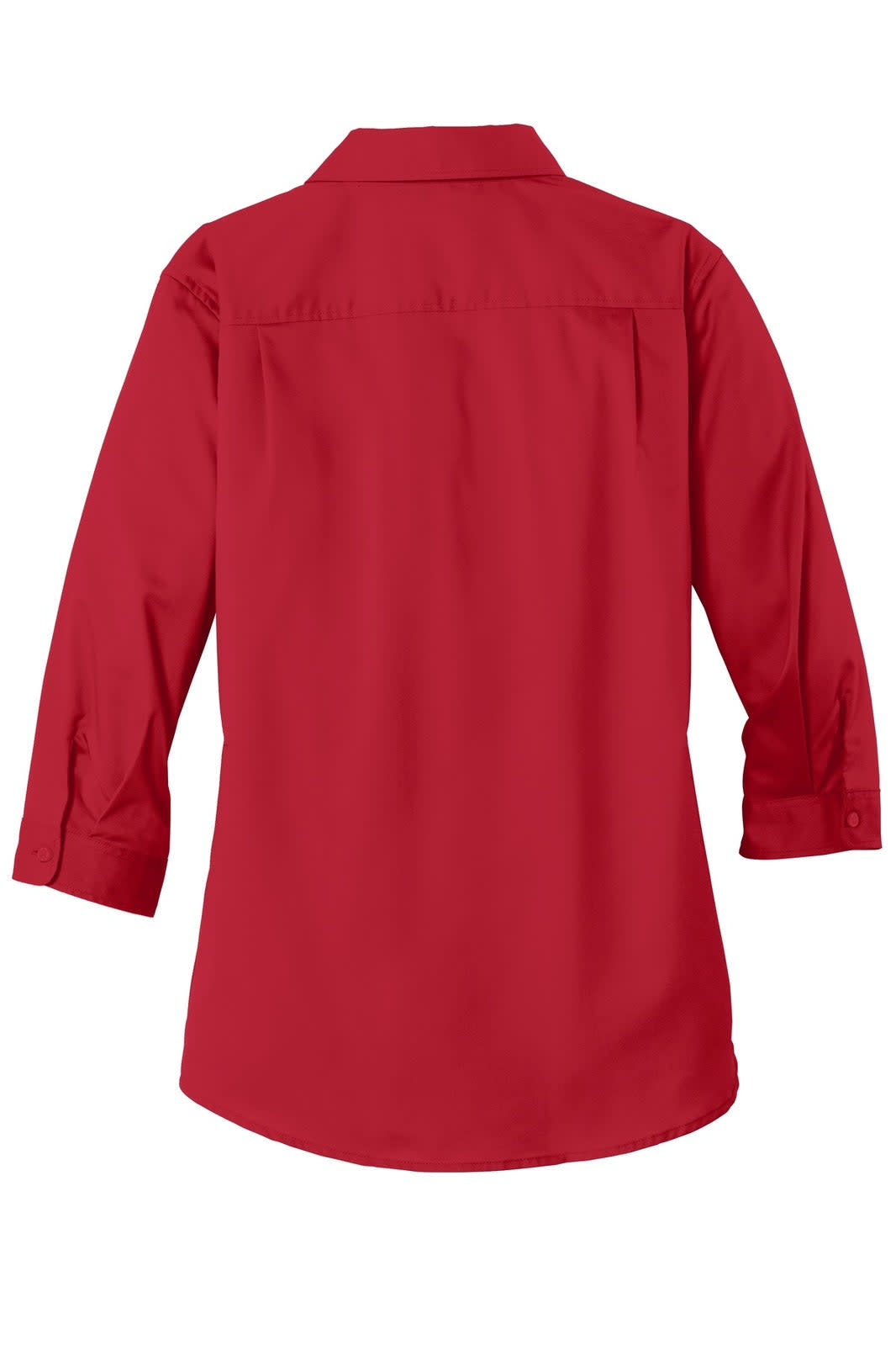 A red Port Authority ladies’ 3/4-sleeve SuperPro twill shirt with a back view and button-up design.