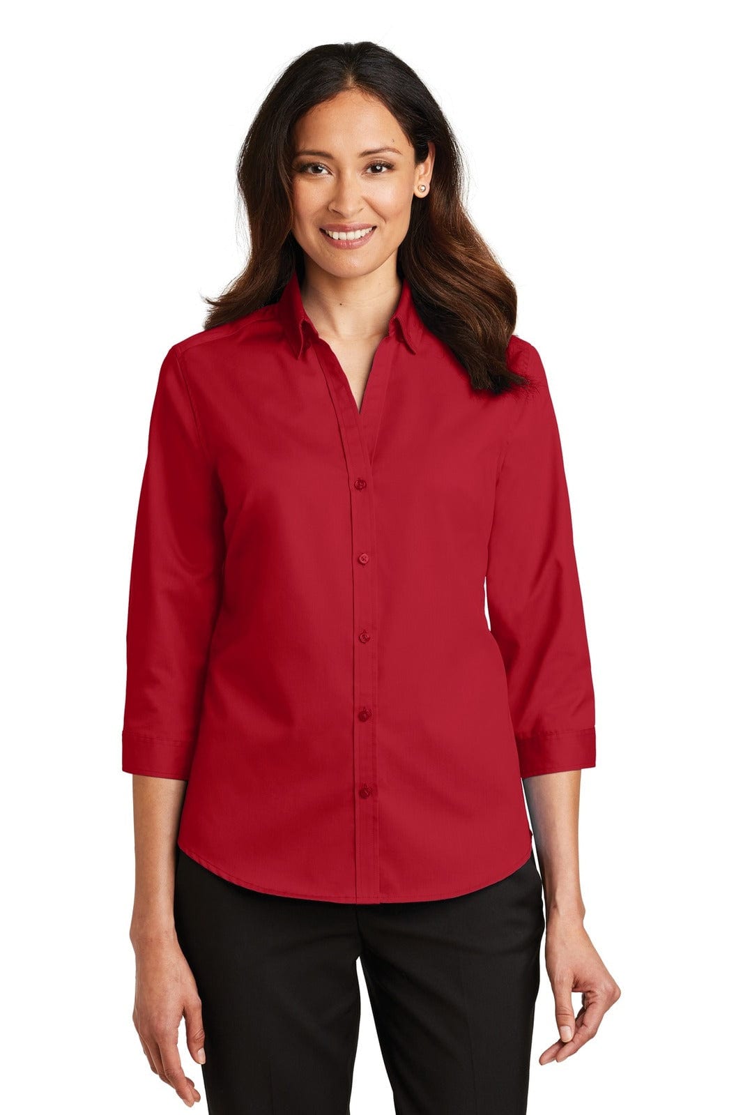 A red button-up shirt with 3/4 sleeves and a collar, featuring a branding logo.