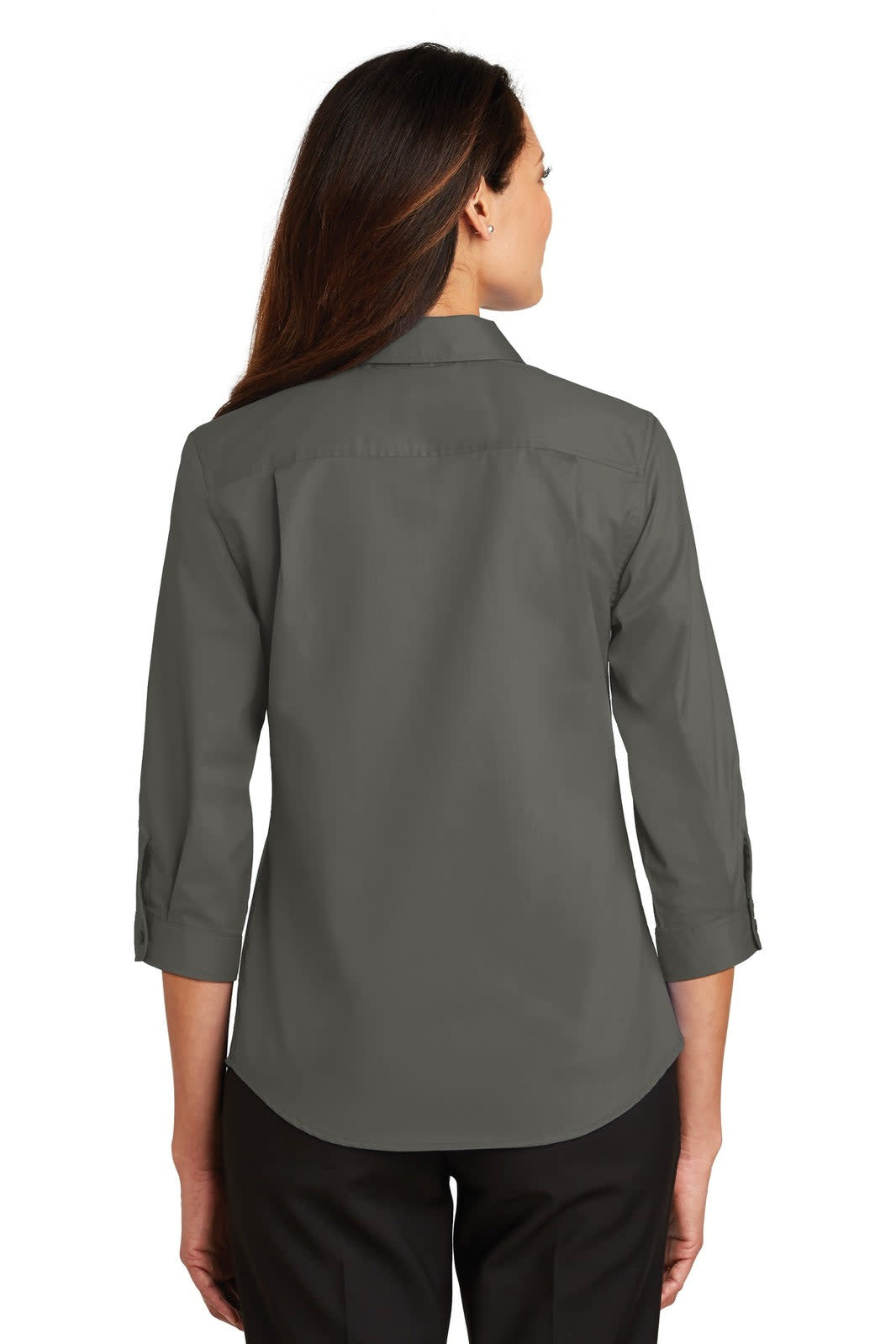 A back view of a women's dark grey button-up shirt with 3/4 sleeves. The shirt features a collar and has a logo.
