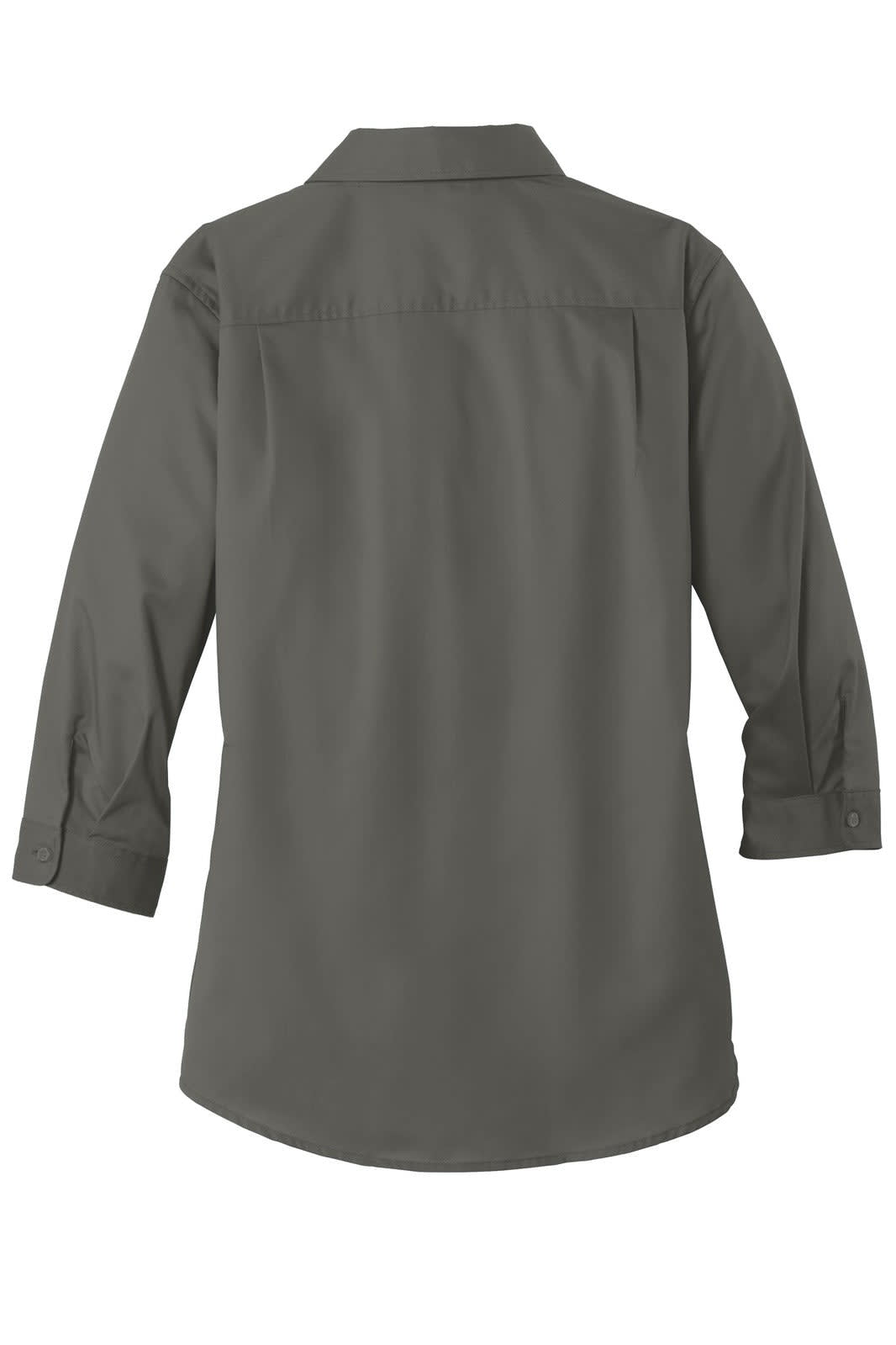 A grey Port Authority ladies' 3/4-sleeve SuperPro twill shirt with a button-up design and a logo.