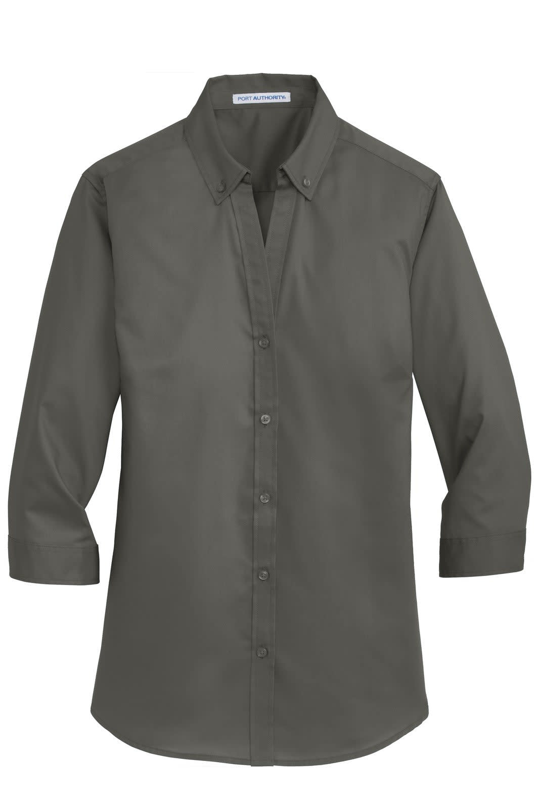 A dark grey ladies' button-up shirt with three-quarter sleeves and a collar, featuring a logo.