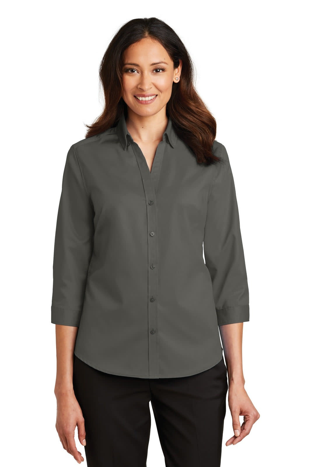 A woman wearing a dark grey, 3/4-sleeve button-up shirt with a collar, featuring a logo.