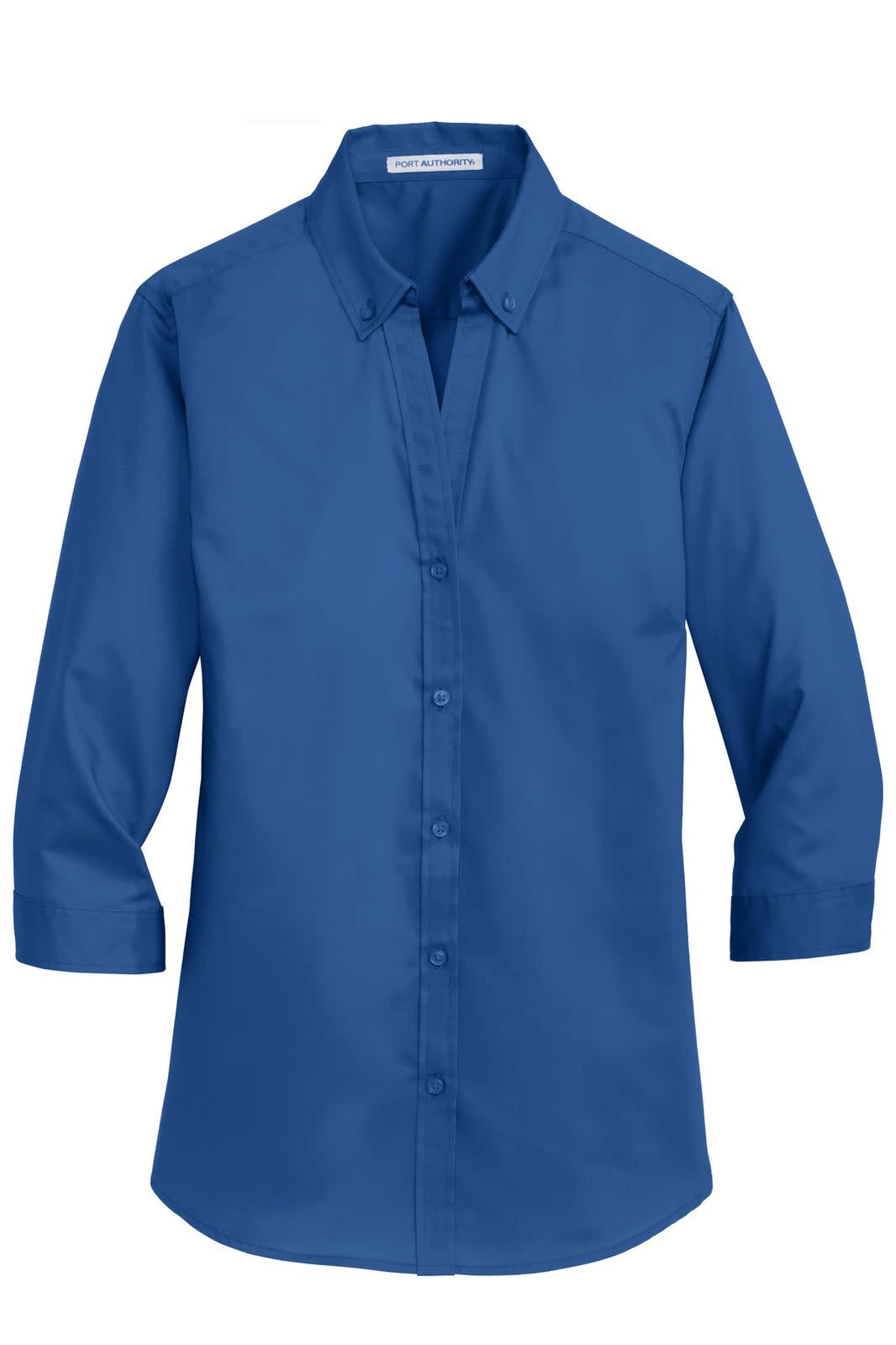 A blue 3/4-sleeve button-up shirt with a collar and a logo on the chest area.