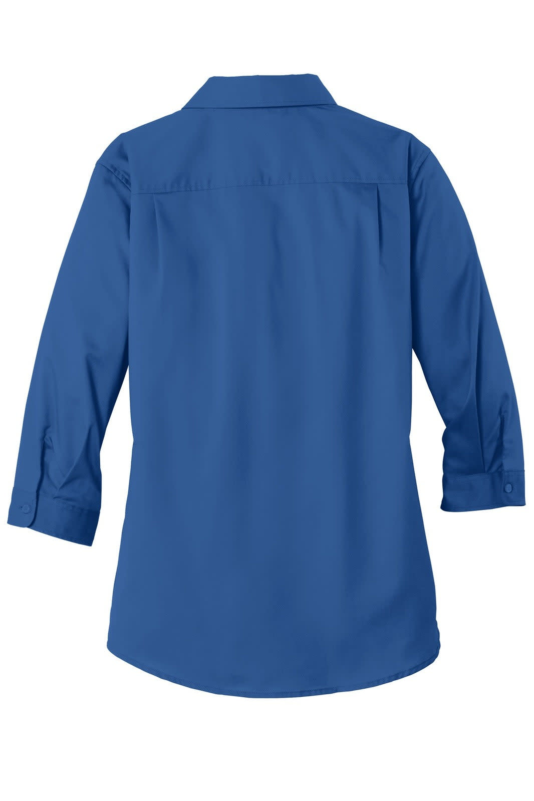 A blue Port Authority ladies' 3/4-sleeve button-up shirt with a back yoke and a logo.